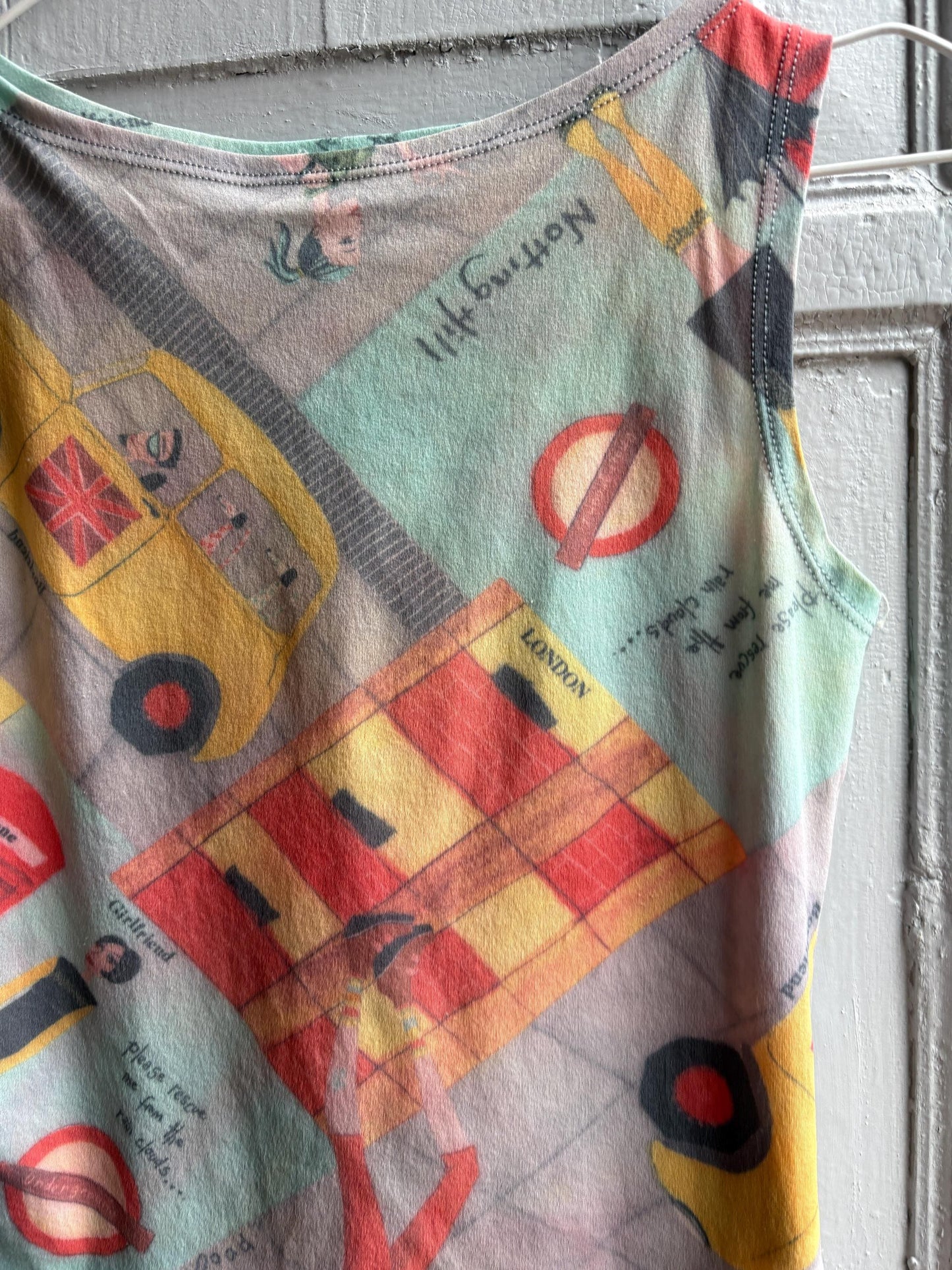Y2K London Mesh Top, Vintage Graphic Tank, Sheer Printed Club wear, Kid Indie Sleaze fit, S