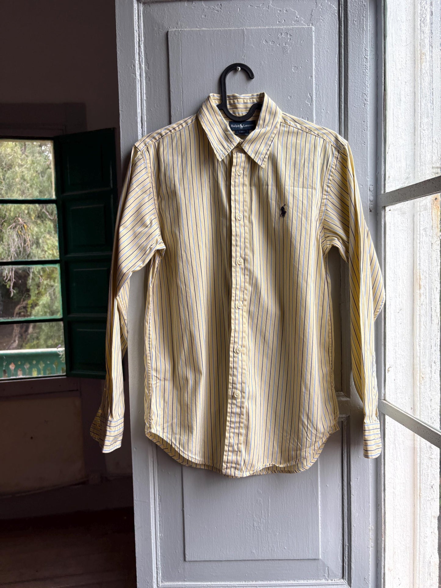 Ralph Lauren Boys Shirt, Striped Button Down, Preppy Old Money Cotton Shirt, Youth 16 Yellow Blue Vintage wear