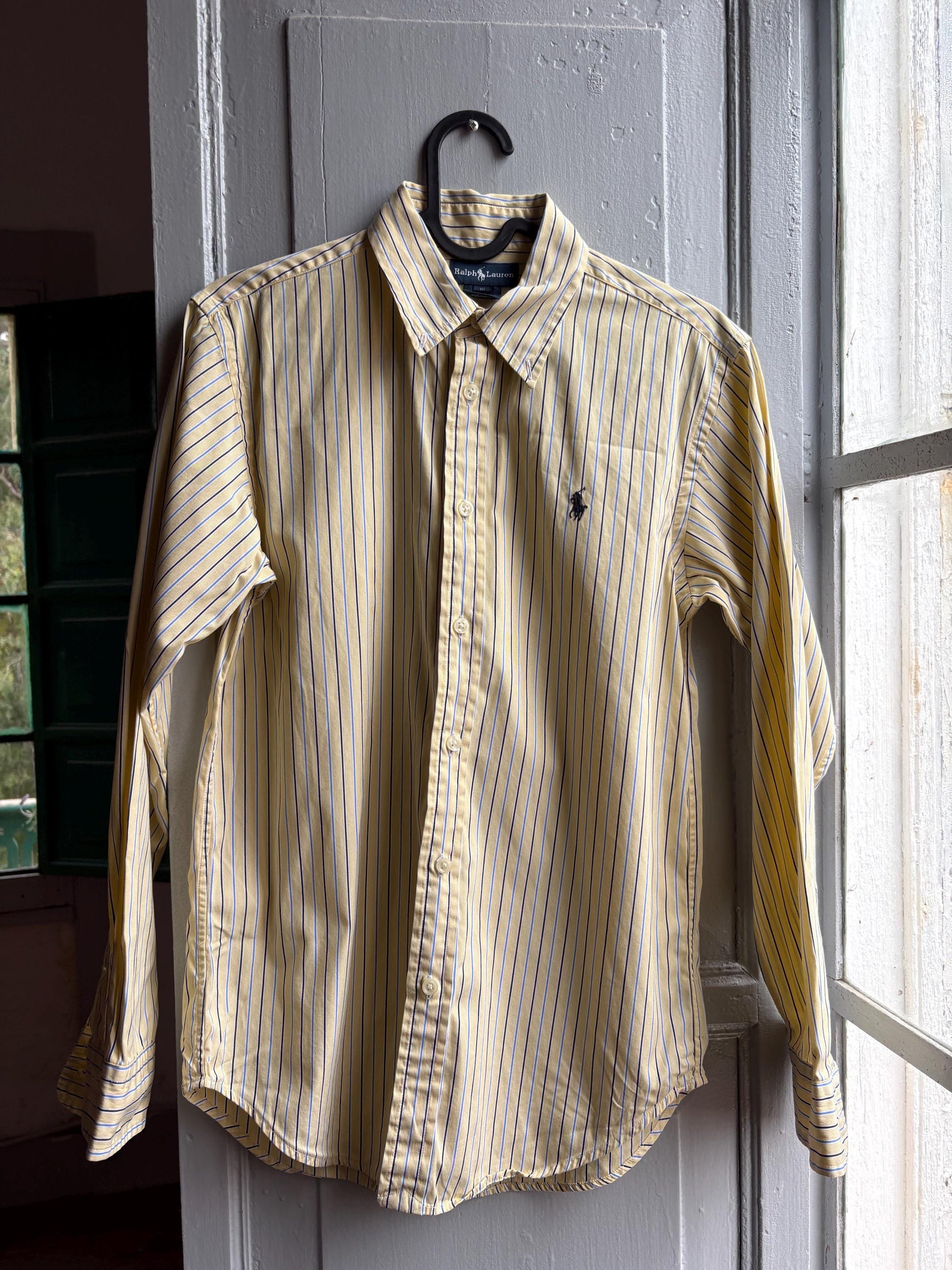 Ralph Lauren Boys Shirt, Striped Button Down, Preppy Old Money Cotton Shirt, Youth 16 Yellow Blue Vintage wear