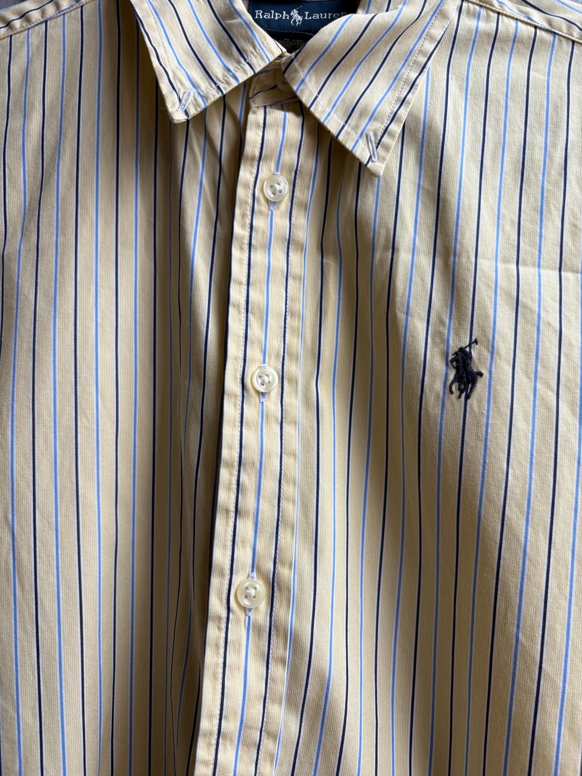 Ralph Lauren Boys Shirt, Striped Button Down, Preppy Old Money Cotton Shirt, Youth 16 Yellow Blue Vintage wear