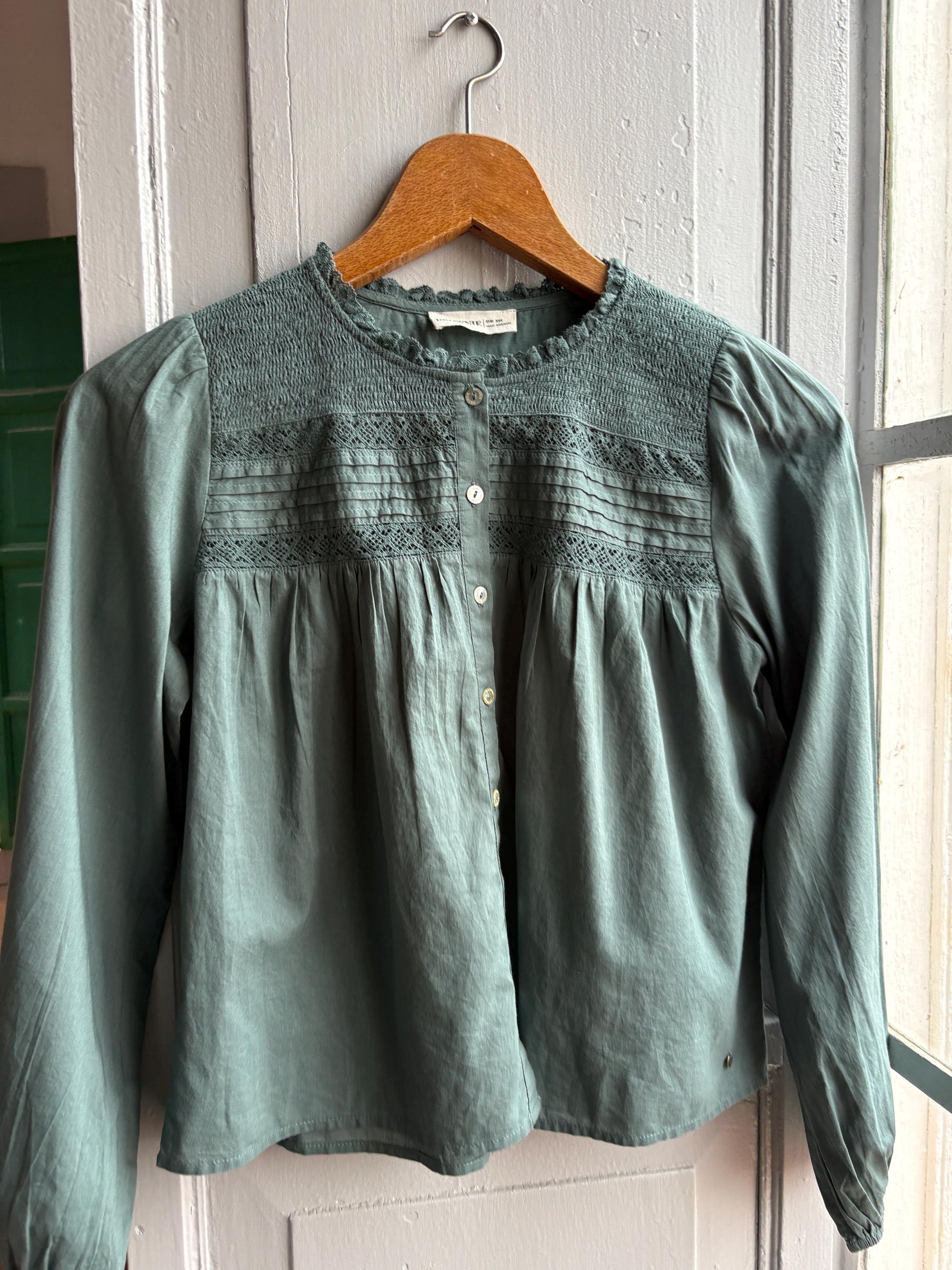 Romantic Sage Green Cotton Blouse, Womens size XXS Prairie Top, Cottagecore Feminine Button Shirt