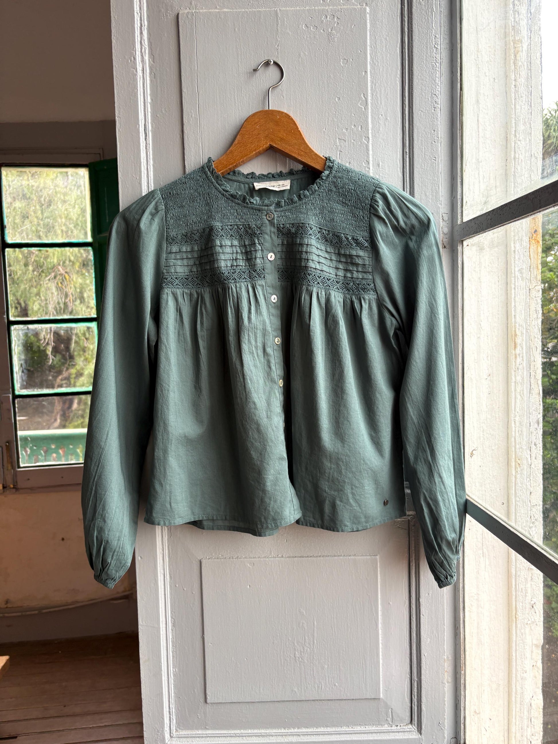 Romantic Sage Green Cotton Blouse, Womens size XXS Prairie Top, Cottagecore Feminine Button Shirt