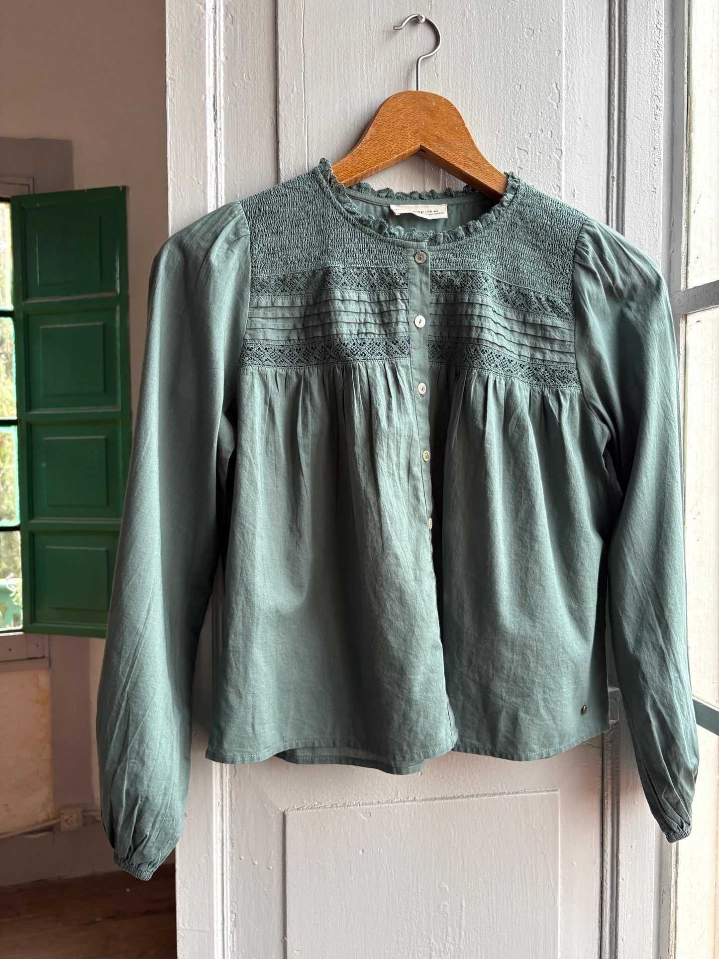 Romantic Sage Green Cotton Blouse, Womens size XXS Prairie Top, Cottagecore Feminine Button Shirt