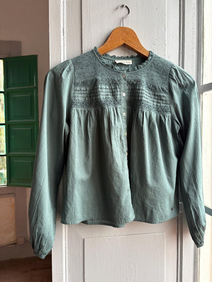 Romantic Sage Green Cotton Blouse, Womens size XXS Prairie Top, Cottagecore Feminine Button Shirt