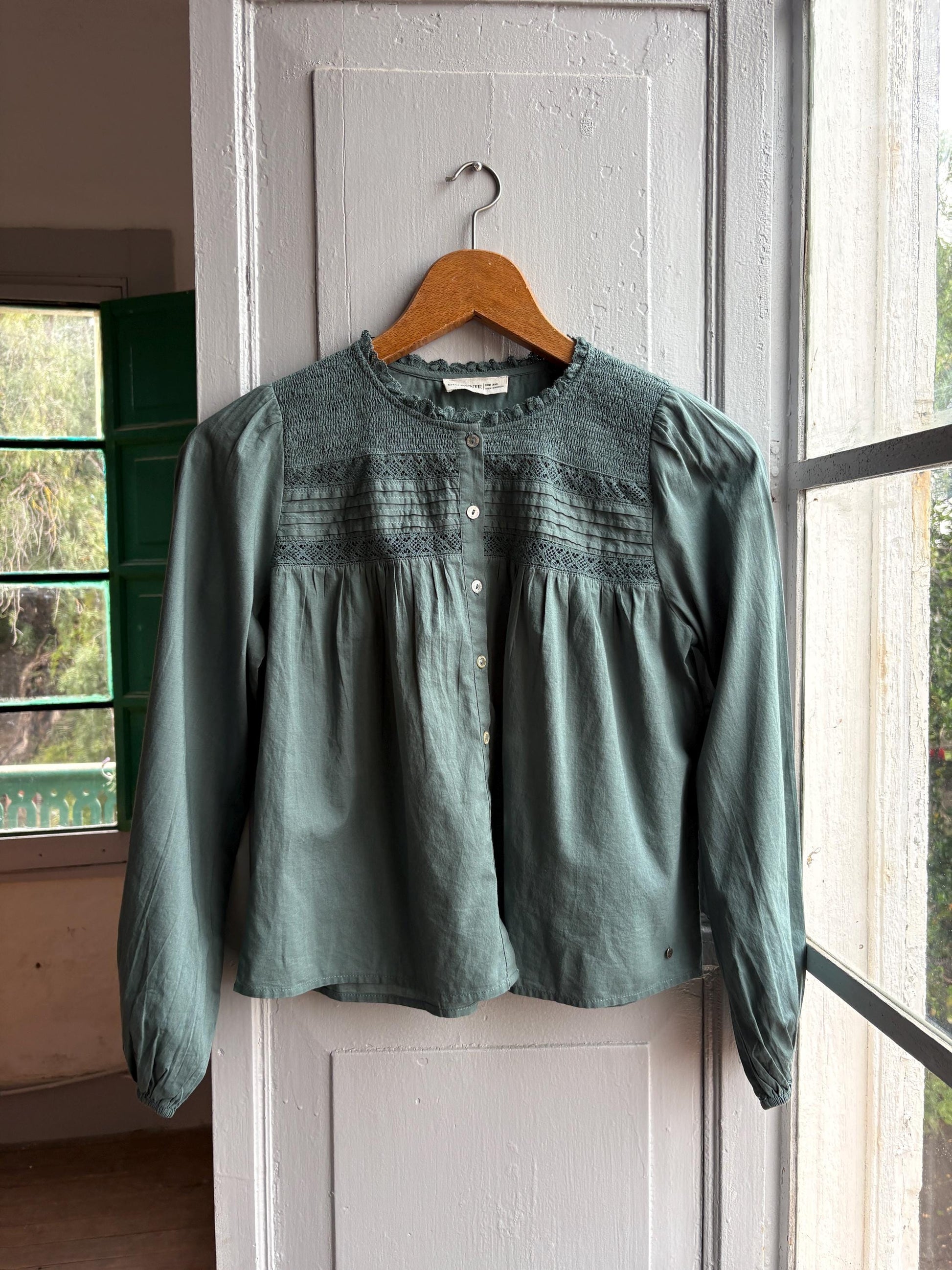 Romantic Sage Green Cotton Blouse, Womens size XXS Prairie Top, Cottagecore Feminine Button Shirt