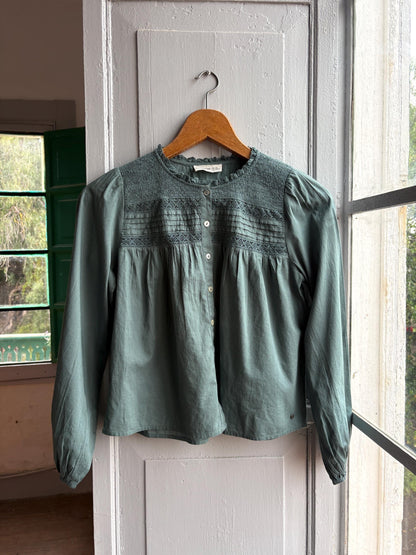 Romantic Sage Green Cotton Blouse, Womens size XXS Prairie Top, Cottagecore Feminine Button Shirt