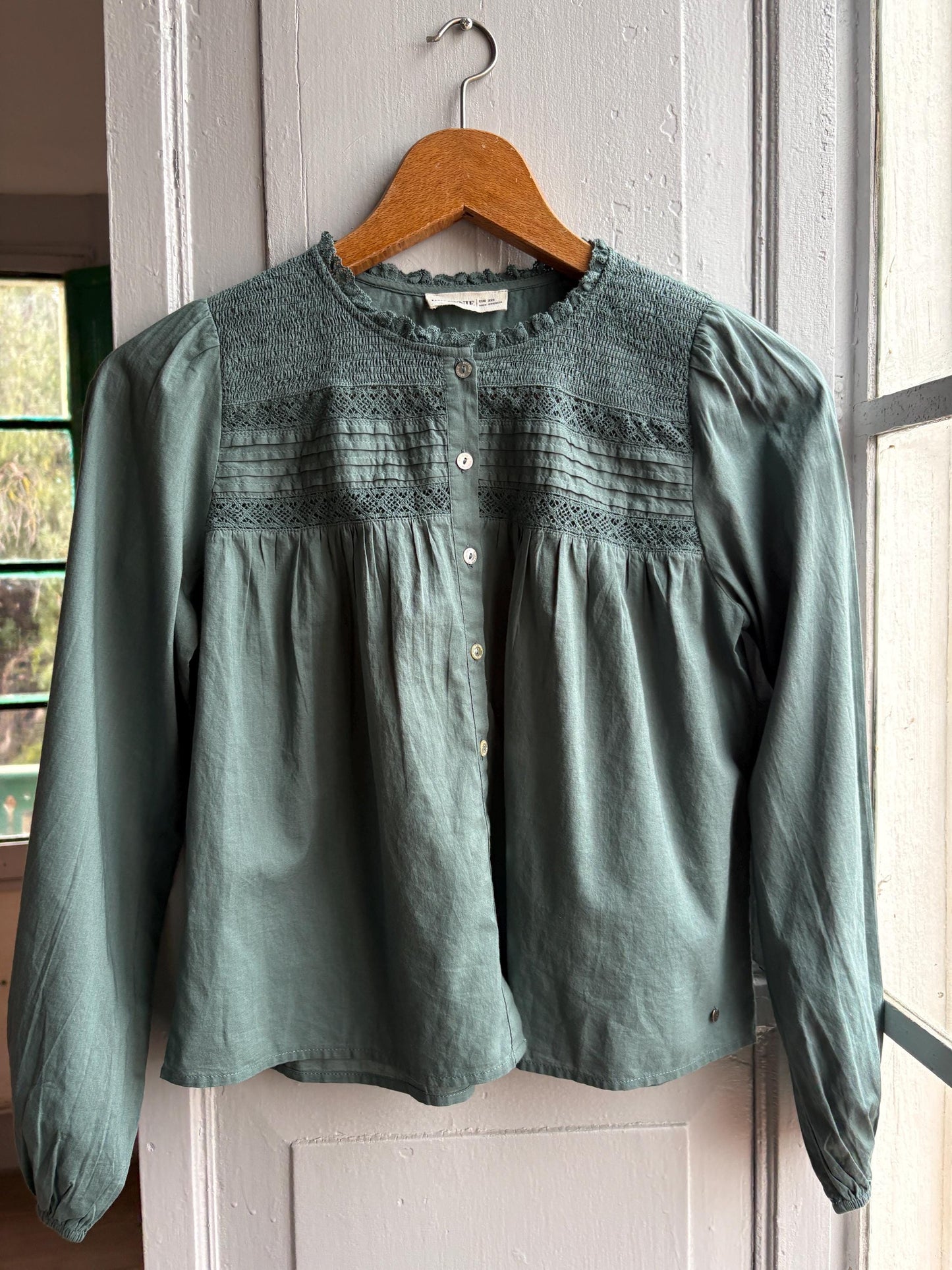 Romantic Sage Green Cotton Blouse, Womens size XXS Prairie Top, Cottagecore Feminine Button Shirt