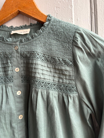 Romantic Sage Green Cotton Blouse, Womens size XXS Prairie Top, Cottagecore Feminine Button Shirt