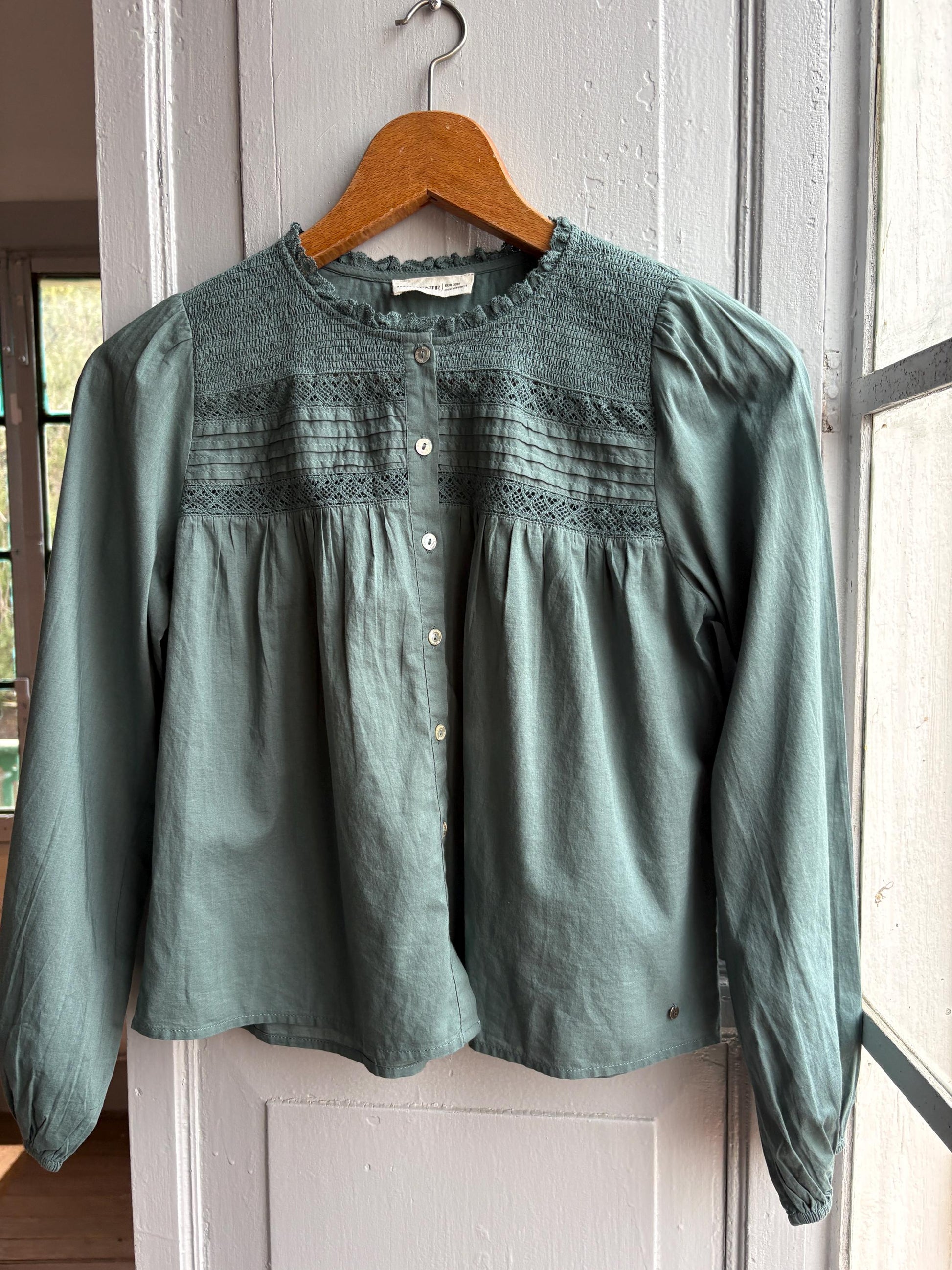 Romantic Sage Green Cotton Blouse, Womens size XXS Prairie Top, Cottagecore Feminine Button Shirt