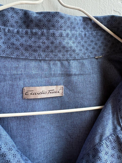 Vintage Emidio Tucci Blue Polo Shirt, Mens Retro Pattern button up, Lightweight Branded Summer Top, XL