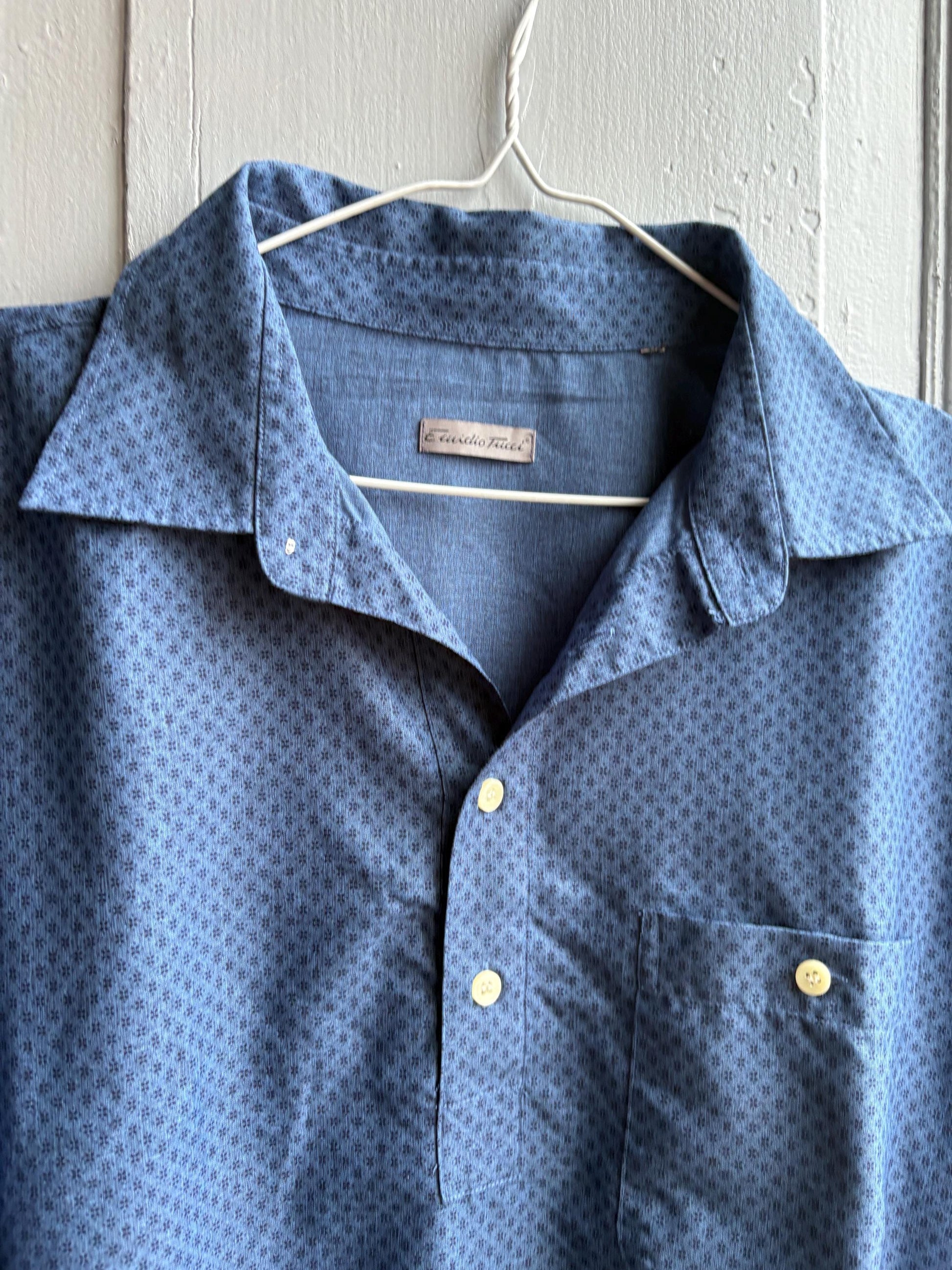 Vintage Emidio Tucci Blue Polo Shirt, Mens Retro Pattern button up, Lightweight Branded Summer Top, XL