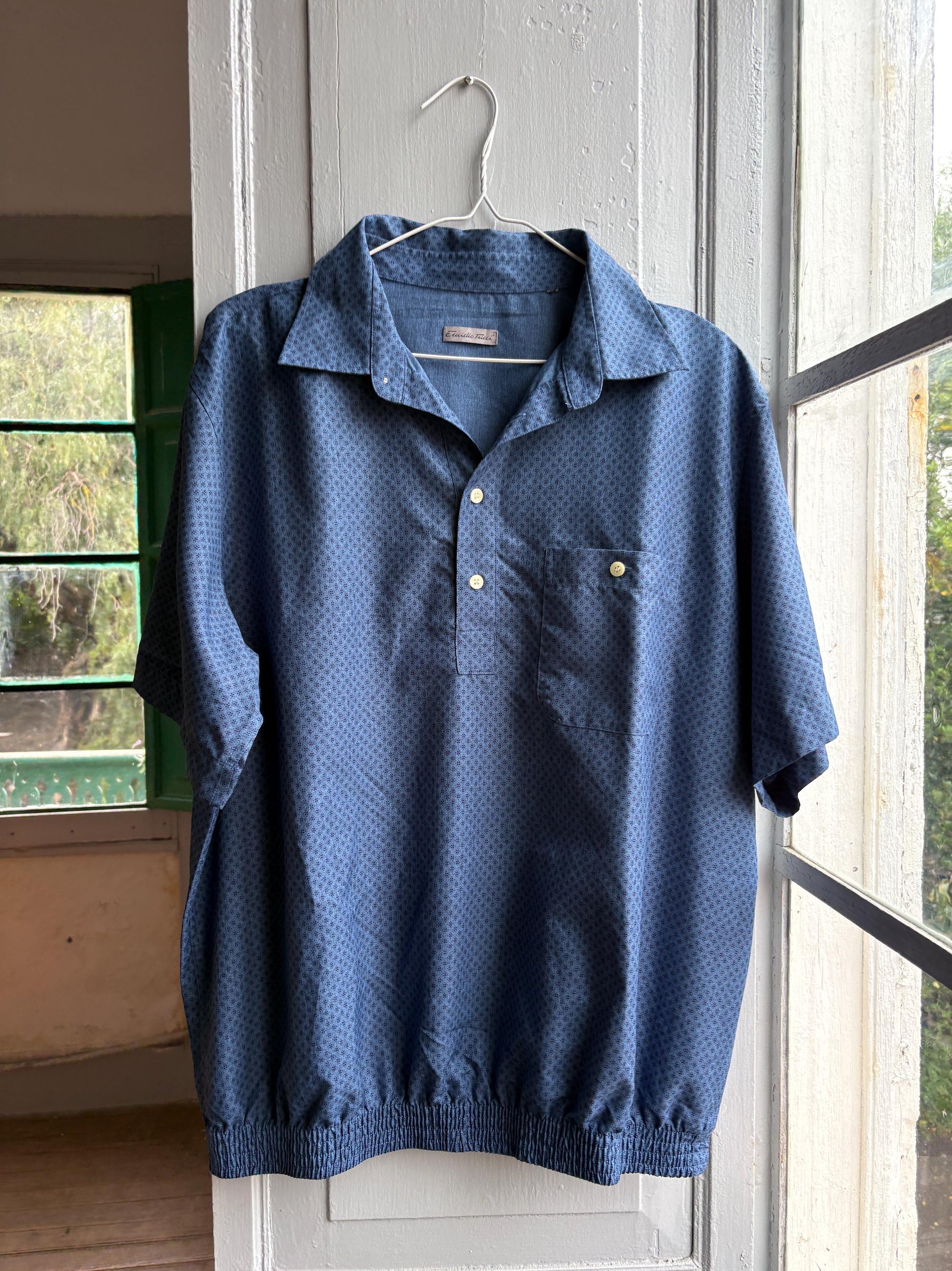 Vintage Emidio Tucci Blue Polo Shirt, Mens Retro Pattern button up, Lightweight Branded Summer Top, XL