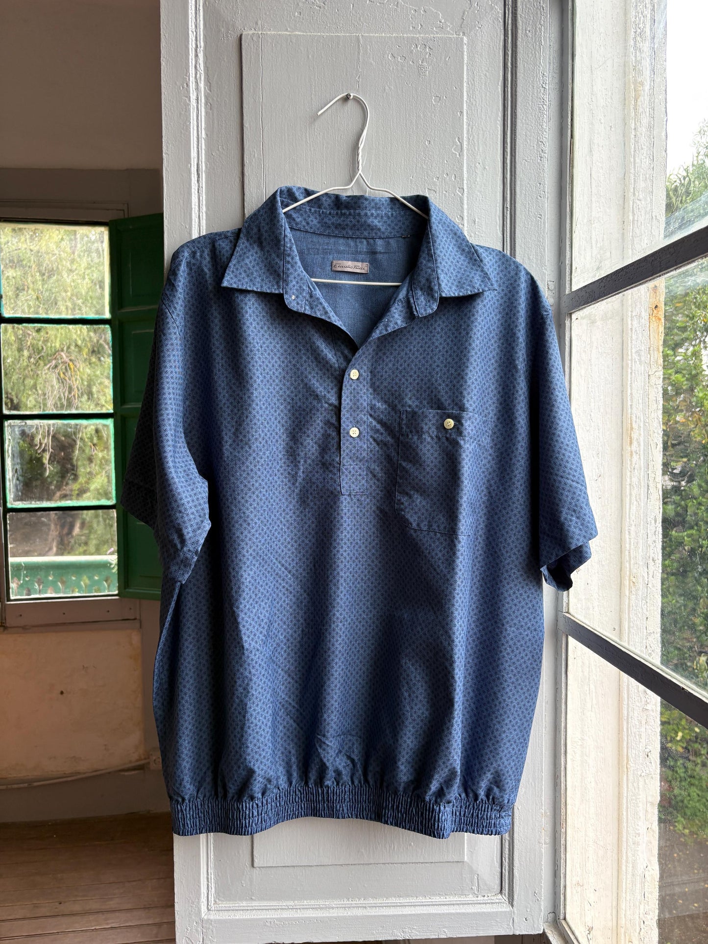 Vintage Emidio Tucci Blue Polo Shirt, Mens Retro Pattern button up, Lightweight Branded Summer Top, XL