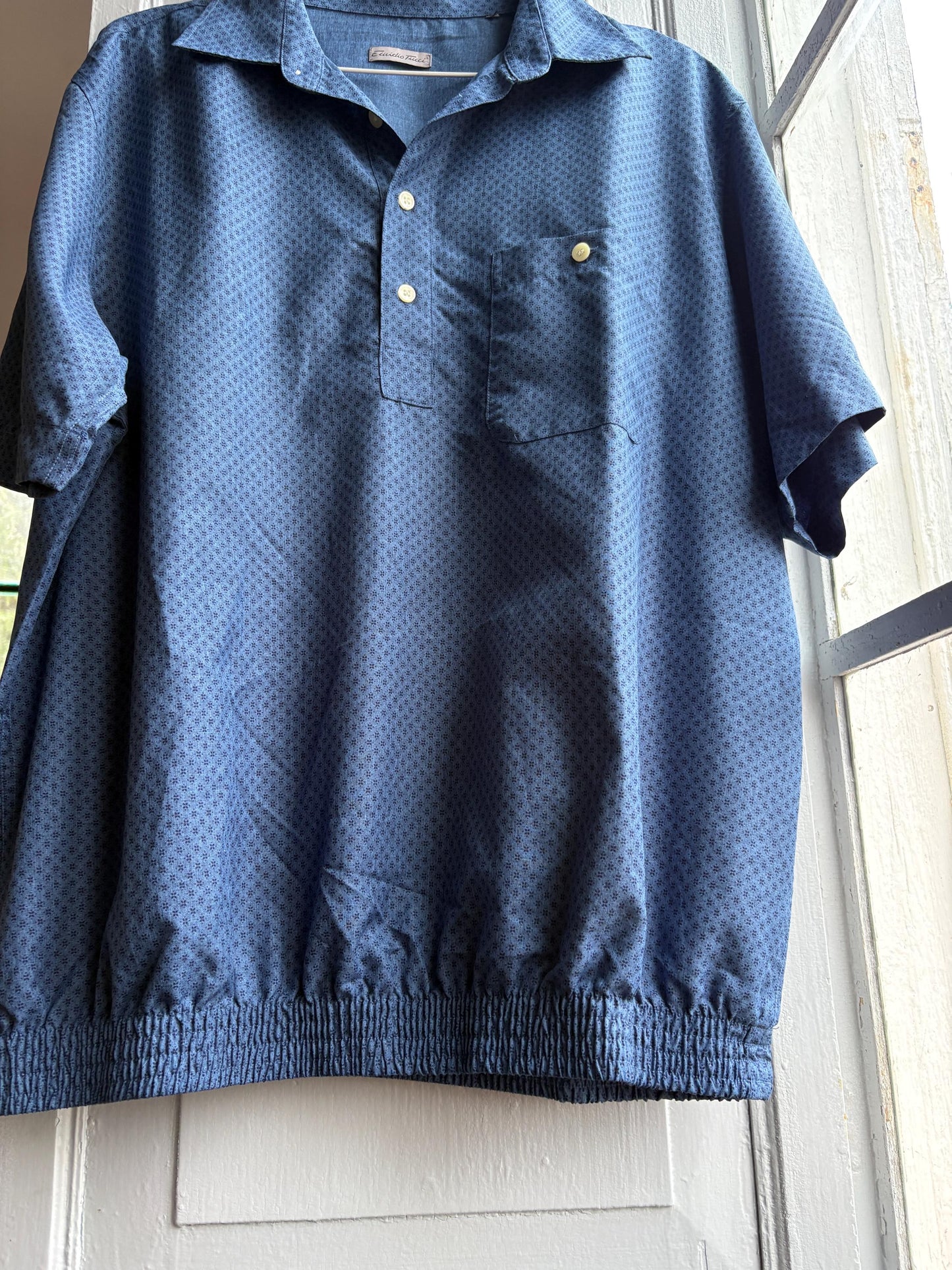 Vintage Emidio Tucci Blue Polo Shirt, Mens Retro Pattern button up, Lightweight Branded Summer Top, XL