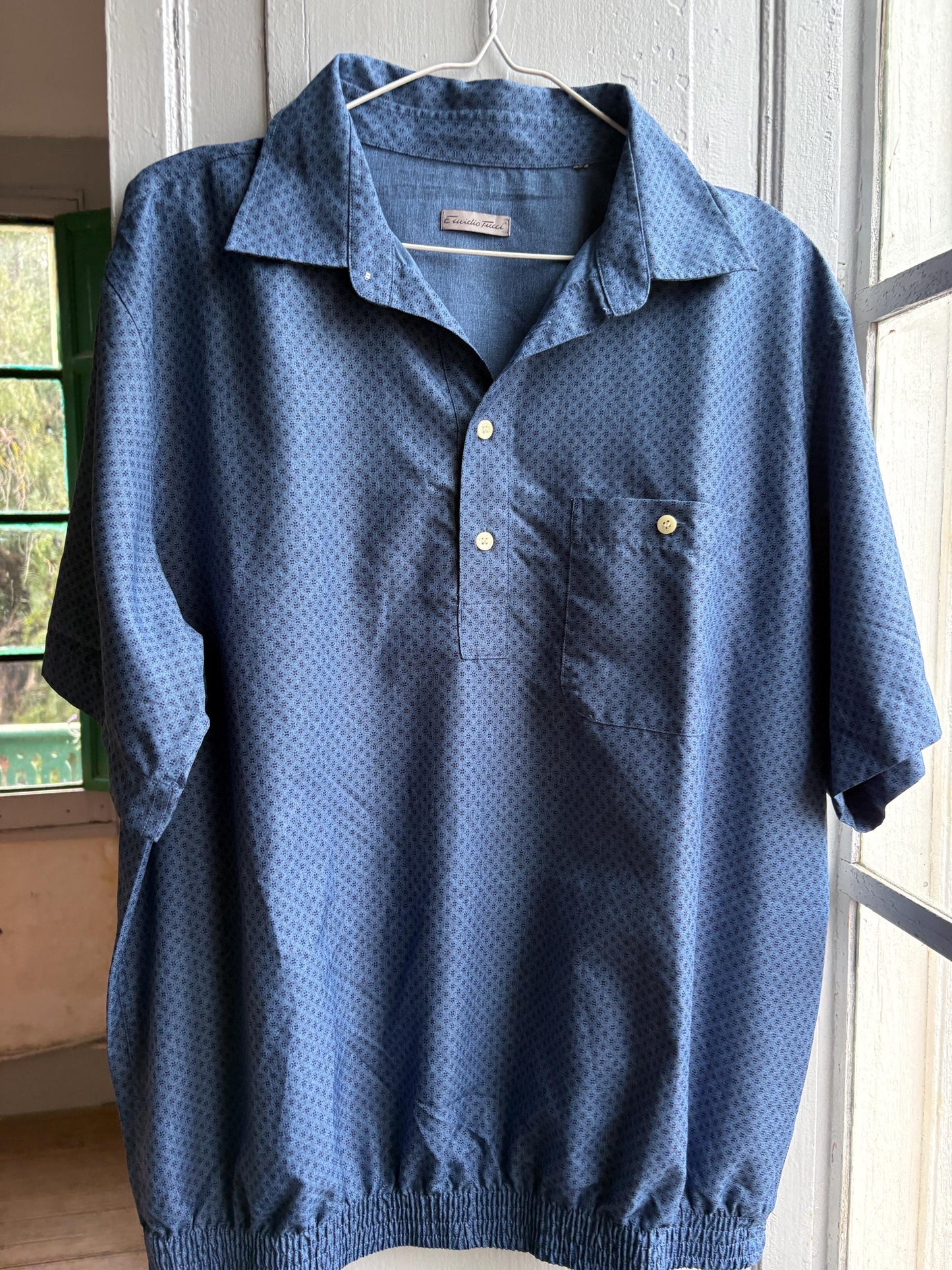 Vintage Emidio Tucci Blue Polo Shirt, Mens Retro Pattern button up, Lightweight Branded Summer Top, XL