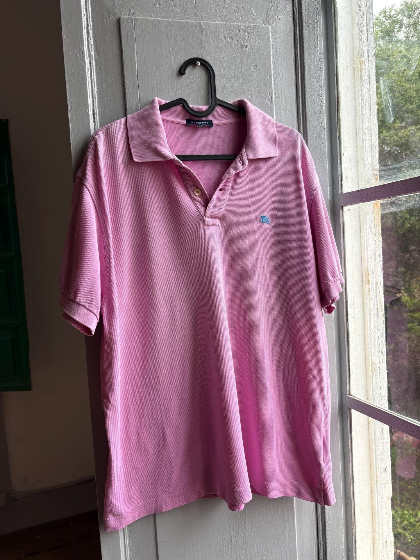 Vintage Burberry London Pink Polo Shirt, Mens Cotton branded wear, Made In Spain Luxury preppy golf style, Size L