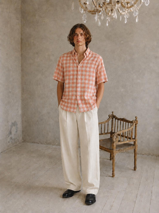 Vintage Thomas BURBERRY Orange plaid men blouse, Oxford designer shirt, XL