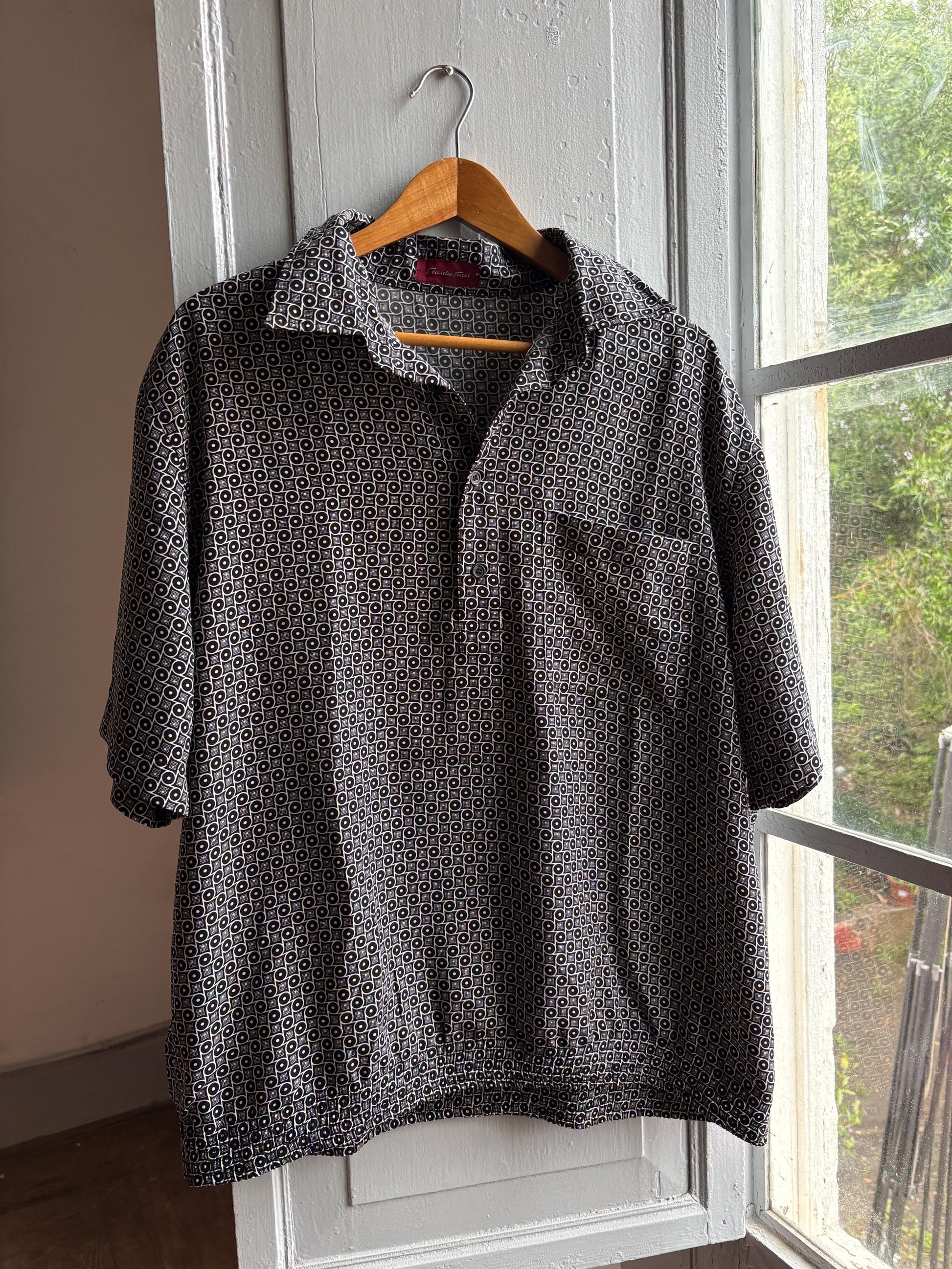 Vintage Emidio Tucci Pattern Polo Shirt, Mens Geometric Print Lightweight Summer clothing, Designer Relaxed Retro Top