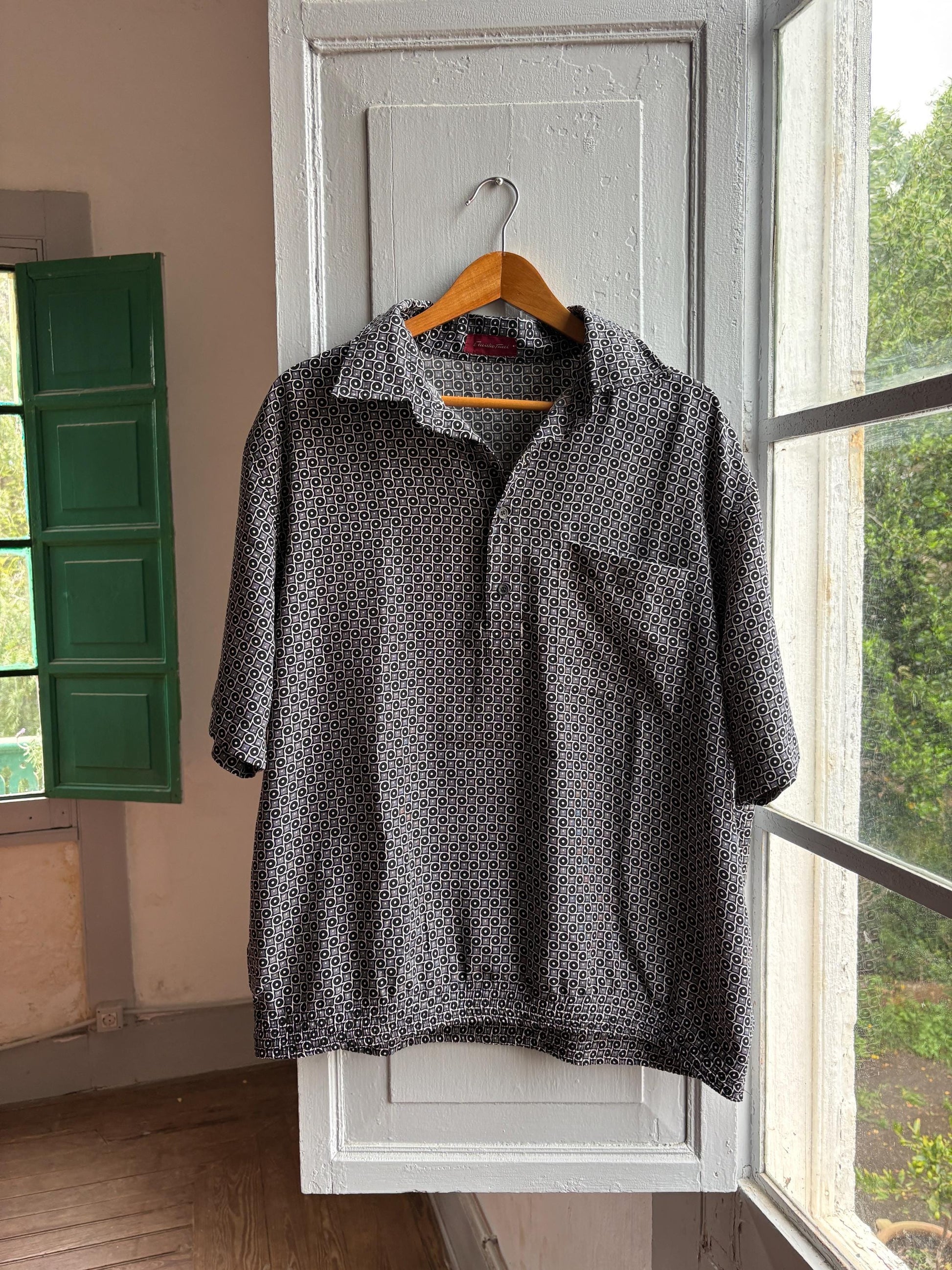 Vintage Emidio Tucci Pattern Polo Shirt, Mens Geometric Print Lightweight Summer clothing, Designer Relaxed Retro Top