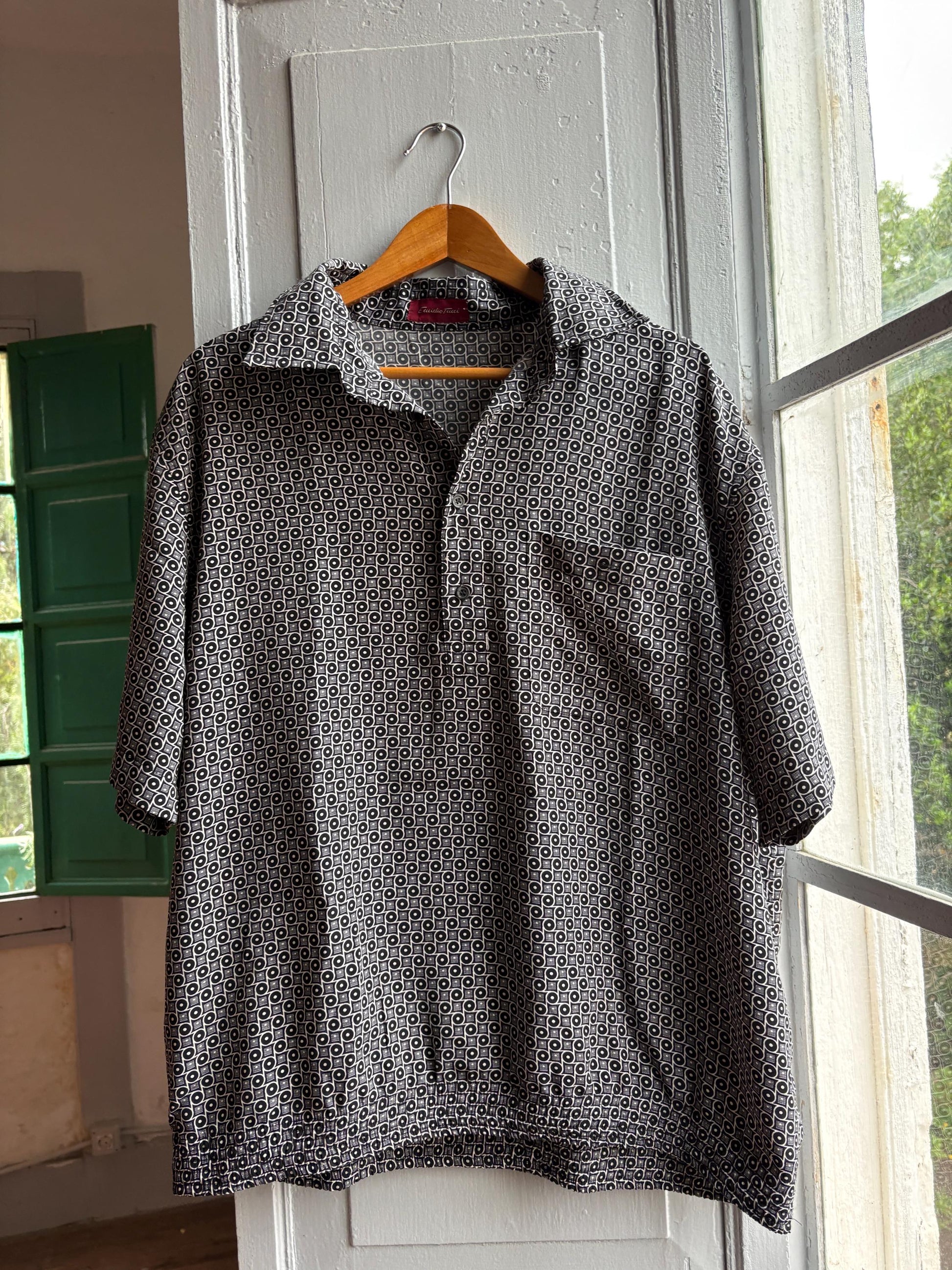 Vintage Emidio Tucci Pattern Polo Shirt, Mens Geometric Print Lightweight Summer clothing, Designer Relaxed Retro Top