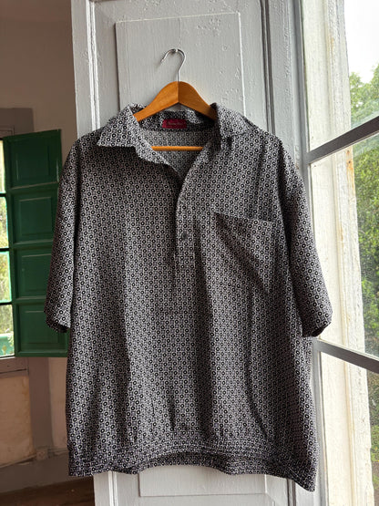 Vintage Emidio Tucci Pattern Polo Shirt, Mens Geometric Print Lightweight Summer clothing, Designer Relaxed Retro Top
