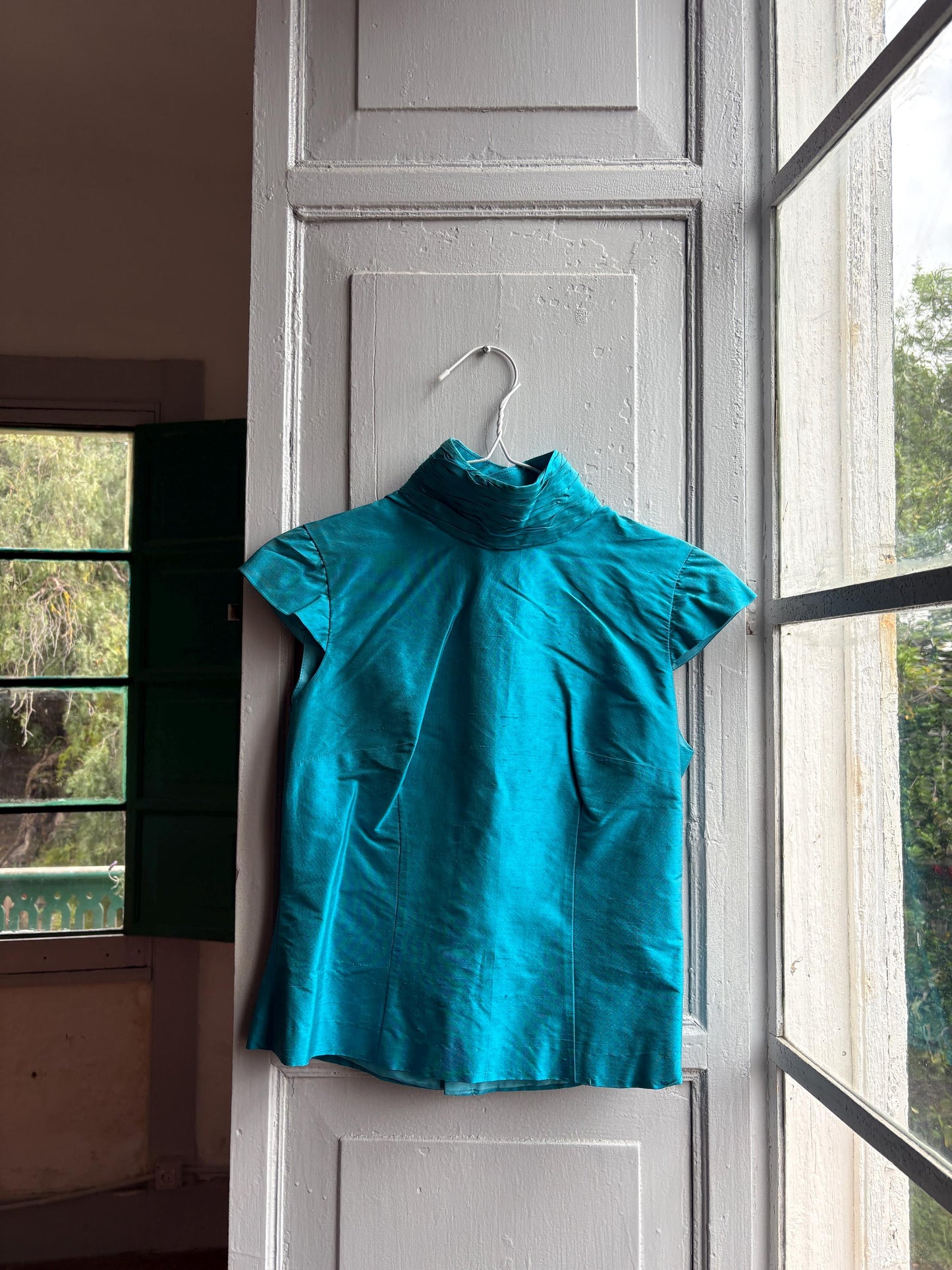 Vintage Turquoise Satin Open Back Blouse — back view