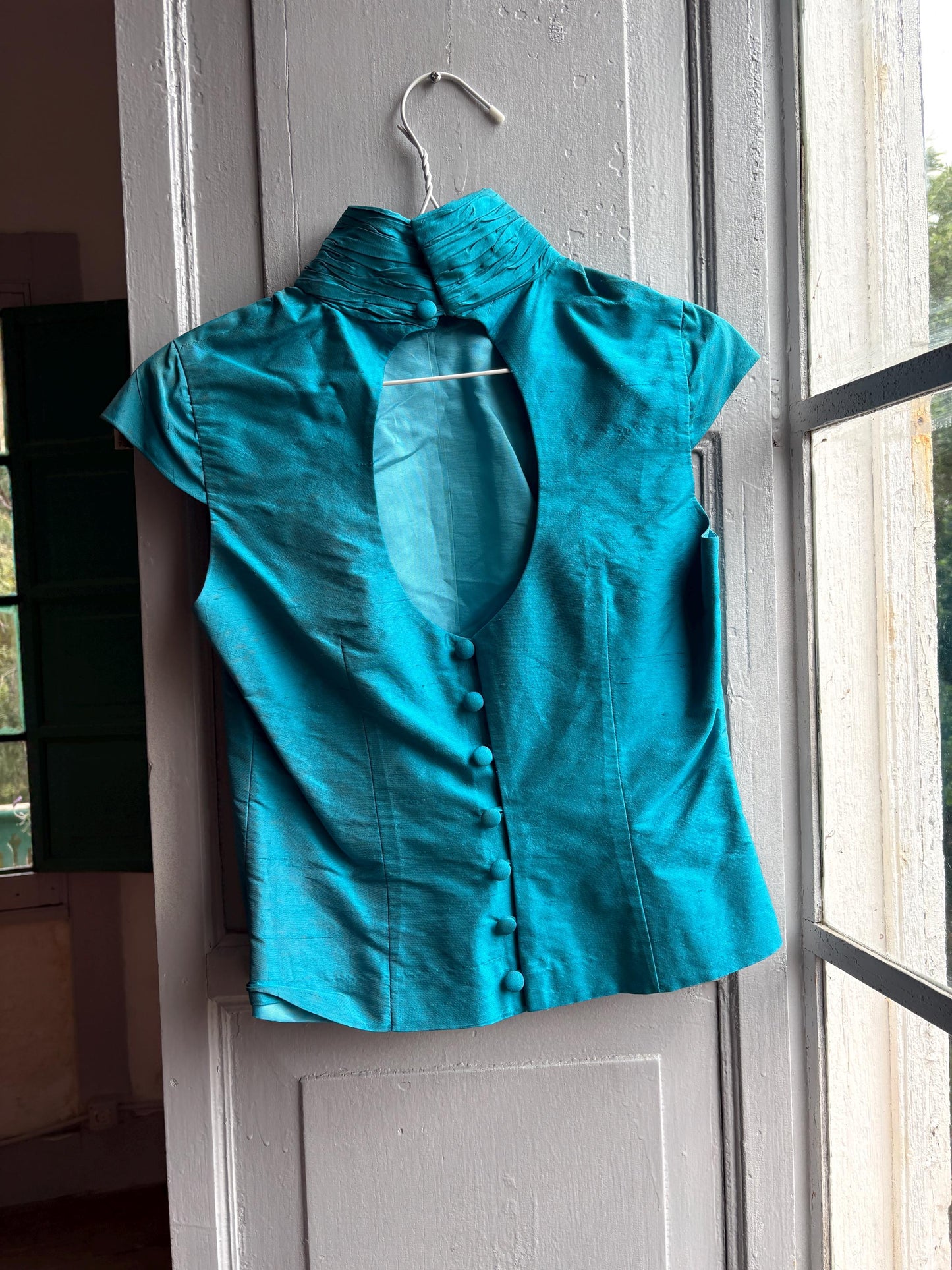 Vintage Turquoise Satin Open Back Blouse — additional view 9
