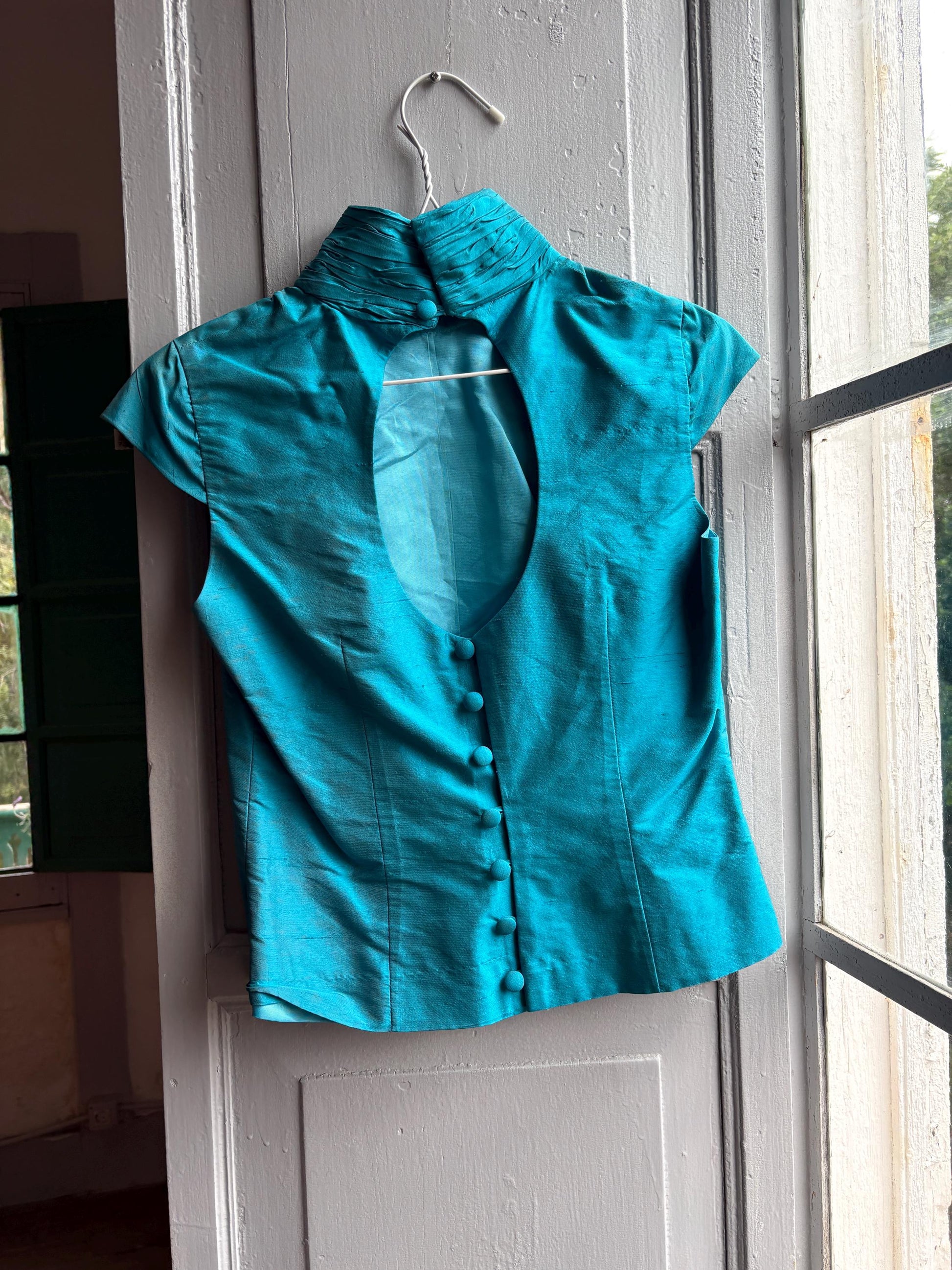 Vintage Turquoise Satin Open Back Blouse — additional view 9