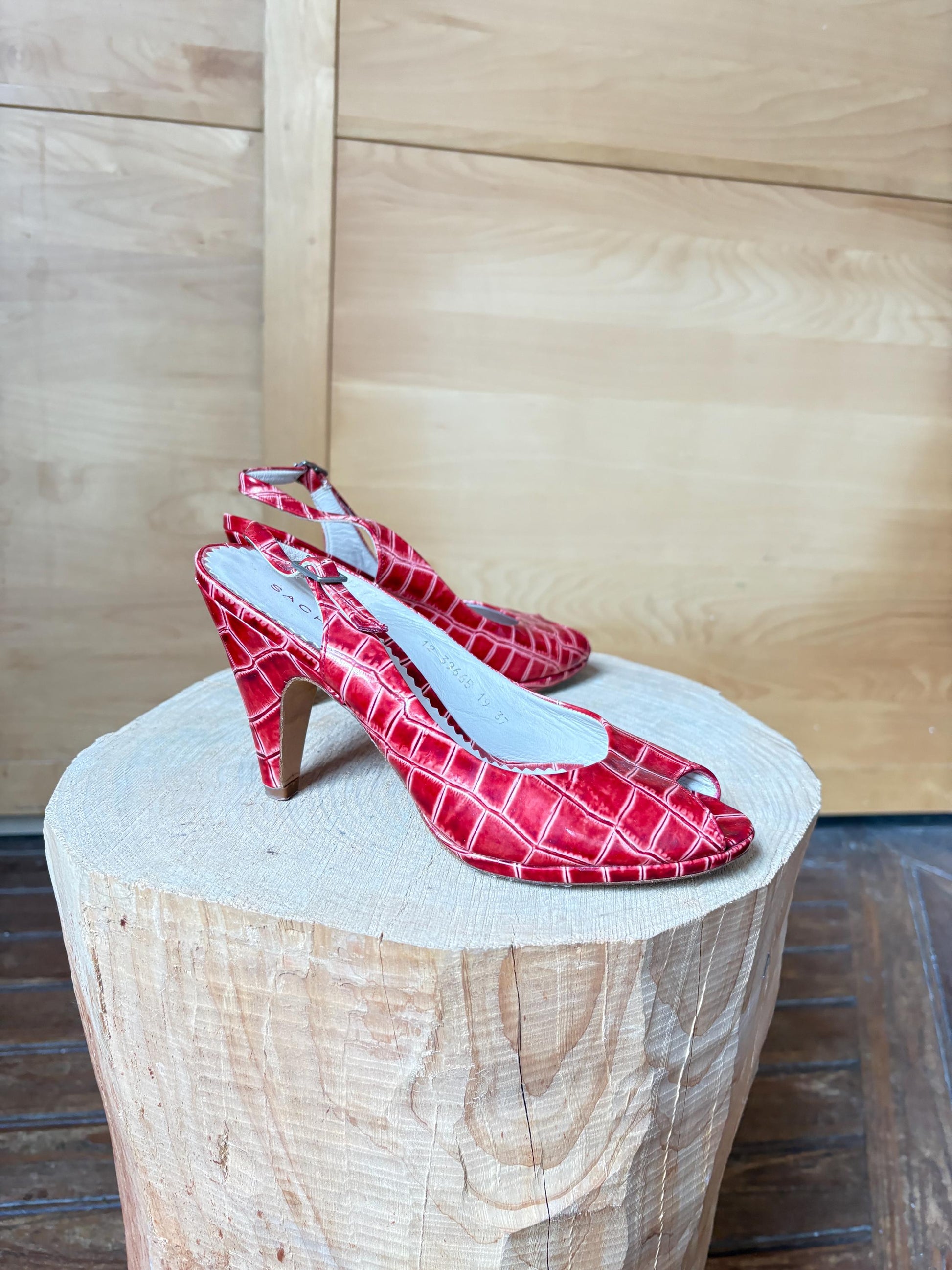 Vintage Sacha London Red Patent Heels, Peep Toe Snake Leather Shoes, Y2K Glam Made In Spain EU 37 Retro Chic