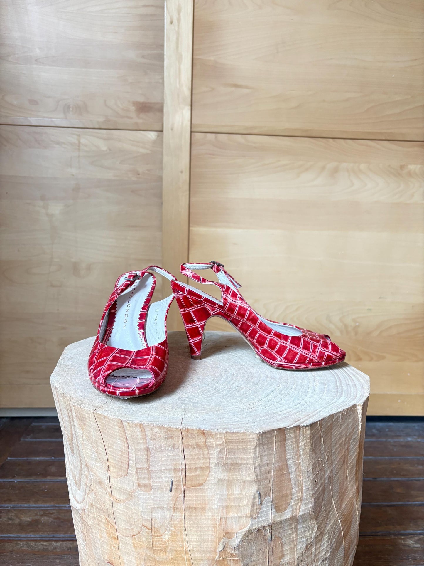 Vintage Sacha London Red Patent Heels, Peep Toe Snake Leather Shoes, Y2K Glam Made In Spain EU 37 Retro Chic