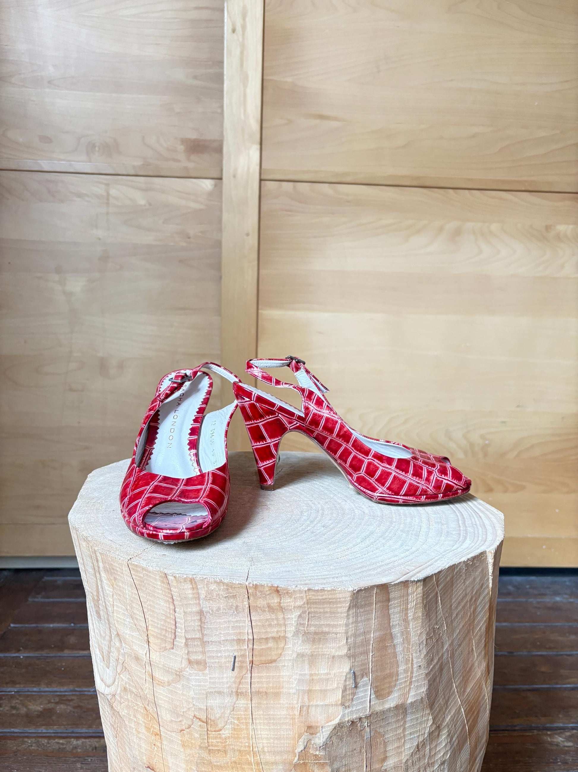 Vintage Sacha London Red Patent Heels, Peep Toe Snake Leather Shoes, Y2K Glam Made In Spain EU 37 Retro Chic
