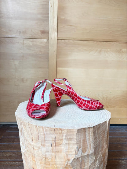 Vintage Sacha London Red Patent Heels, Peep Toe Snake Leather Shoes, Y2K Glam Made In Spain EU 37 Retro Chic