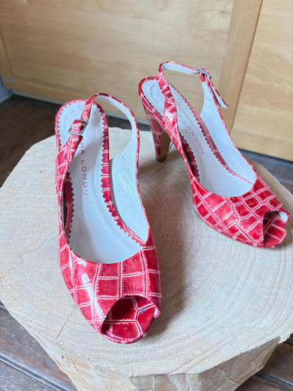 Vintage Sacha London Red Patent Heels, Peep Toe Snake Leather Shoes, Y2K Glam Made In Spain EU 37 Retro Chic