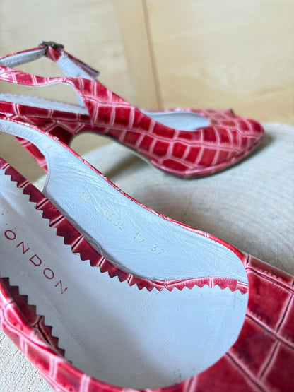 Vintage Sacha London Red Patent Heels, Peep Toe Snake Leather Shoes, Y2K Glam Made In Spain EU 37 Retro Chic