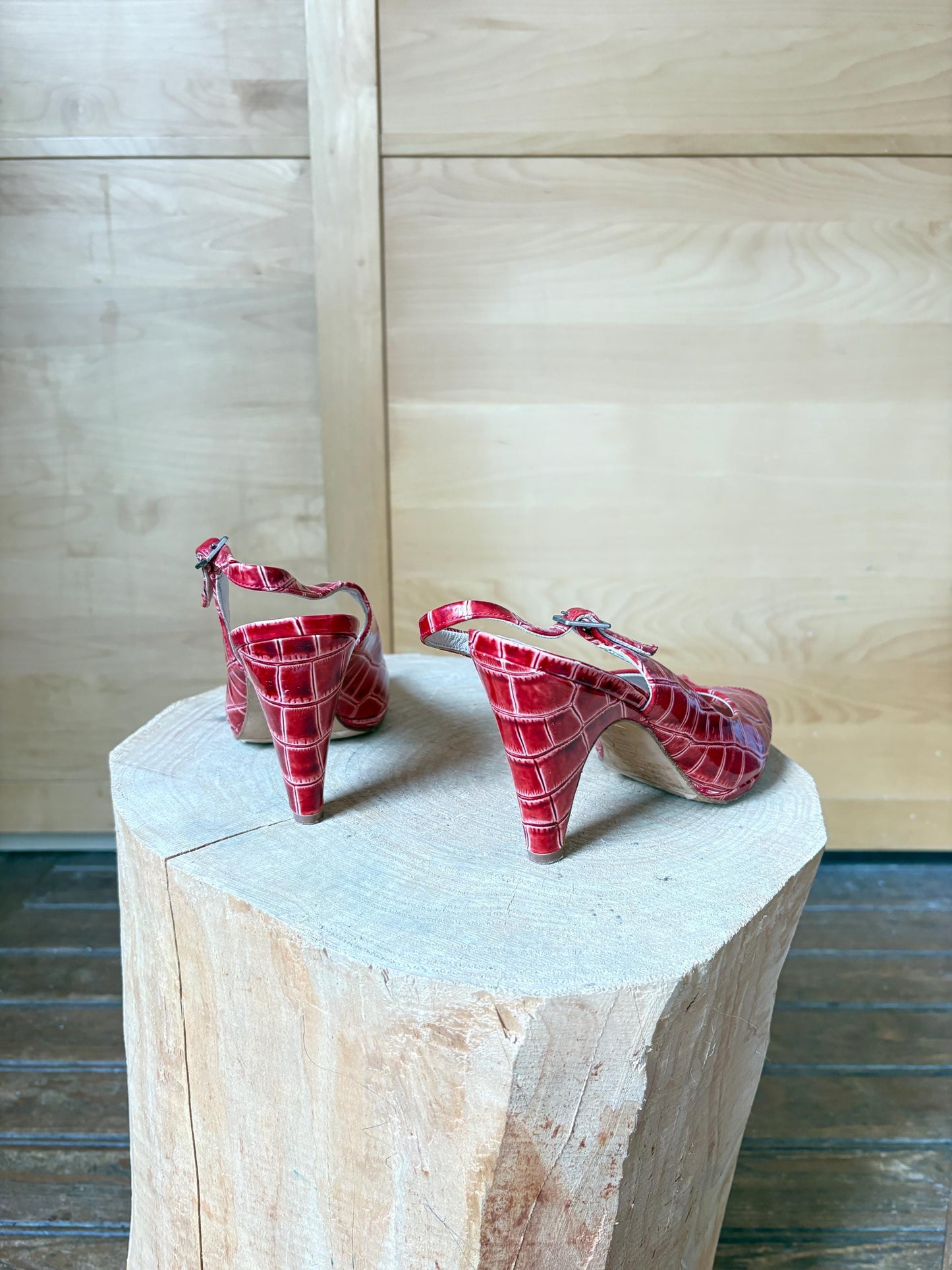Vintage Sacha London Red Patent Heels, Peep Toe Snake Leather Shoes, Y2K Glam Made In Spain EU 37 Retro Chic