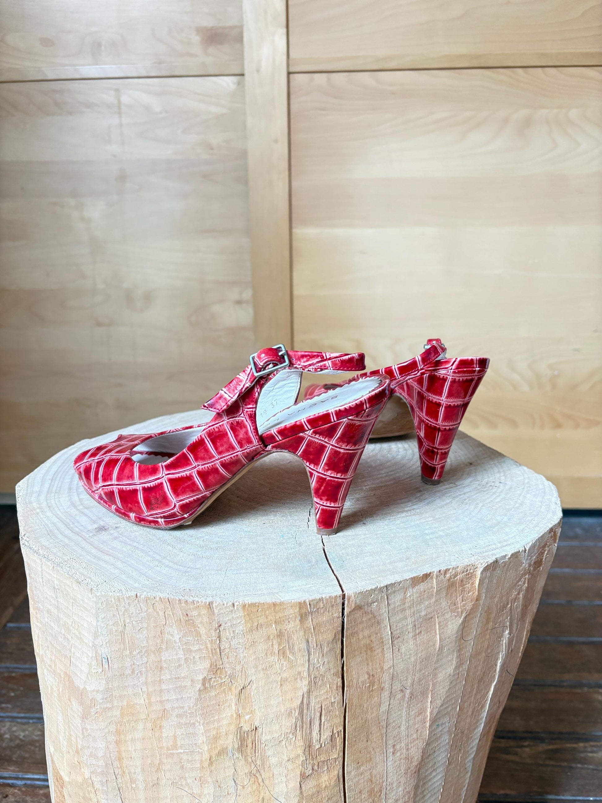 Vintage Sacha London Red Patent Heels, Peep Toe Snake Leather Shoes, Y2K Glam Made In Spain EU 37 Retro Chic