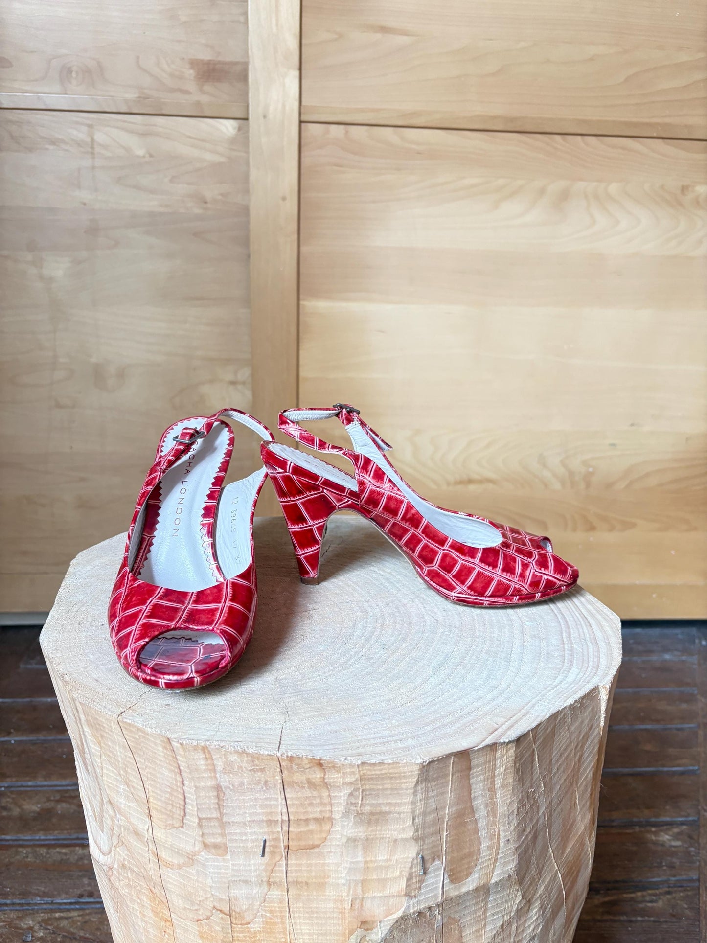Vintage Sacha London Red Patent Heels, Peep Toe Snake Leather Shoes, Y2K Glam Made In Spain EU 37 Retro Chic