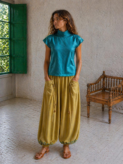 Vintage Turquoise Satin Open Back Blouse