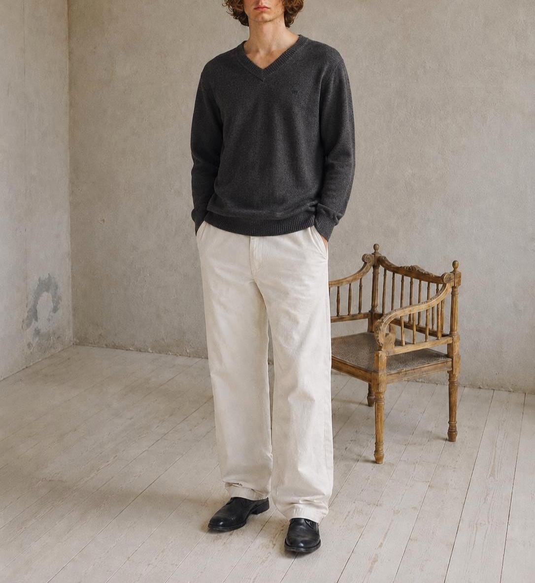 Pedro Del Hierro Men Wool - Cashmere Jumper, Luxury Grey V Neck Sweater, Soft Grandpa Core XL