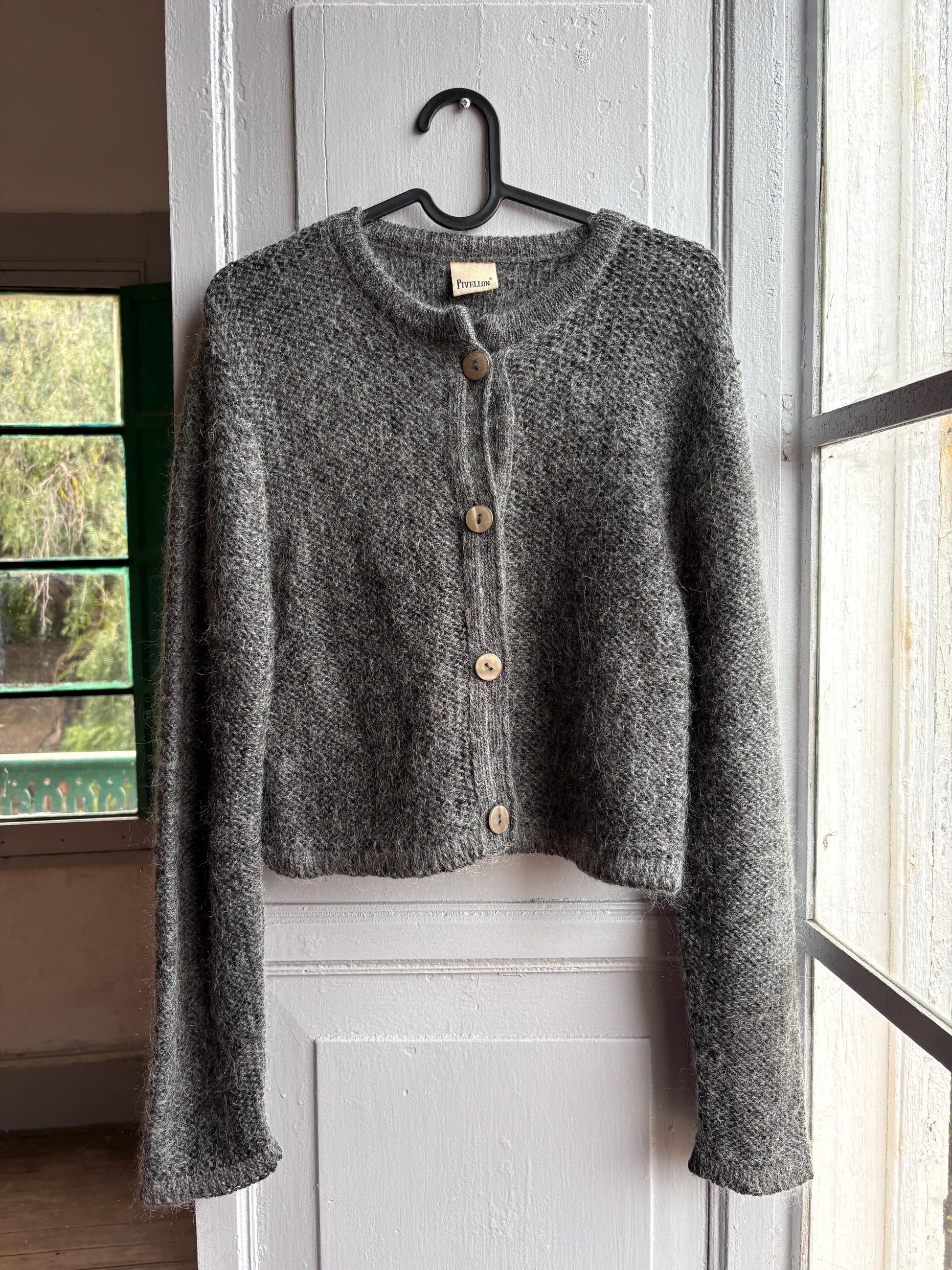 Mohair Parisian Chic Cardigan, Grey Soft Knit, Cropped Sweater, French Girl Aesthetic,