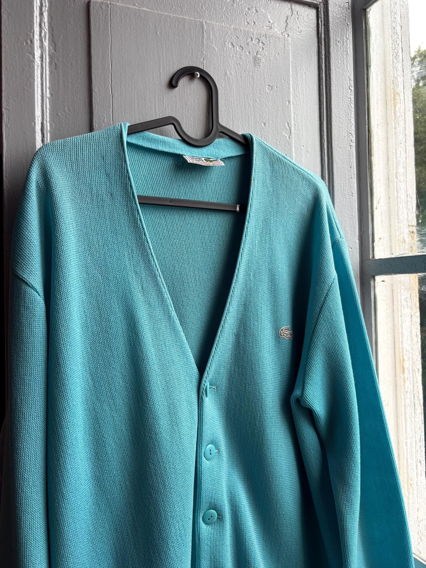 Vintage blue Chemise Lacoste Cardigan, Made In Spain, Grandpa Core Knit Sweater, True vintage Luxury vest, Unisex L XL