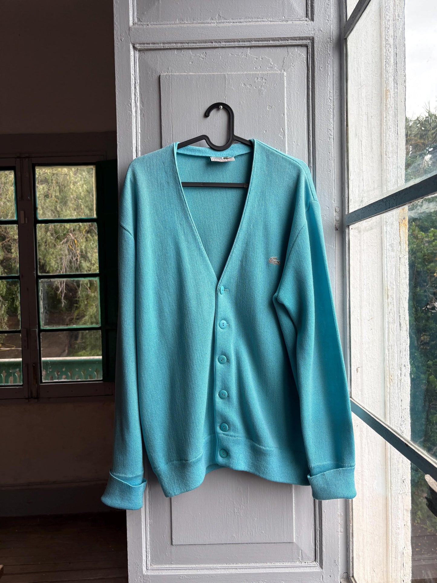 Vintage blue Chemise Lacoste Cardigan, Made In Spain, Grandpa Core Knit Sweater, True vintage Luxury vest, Unisex L XL
