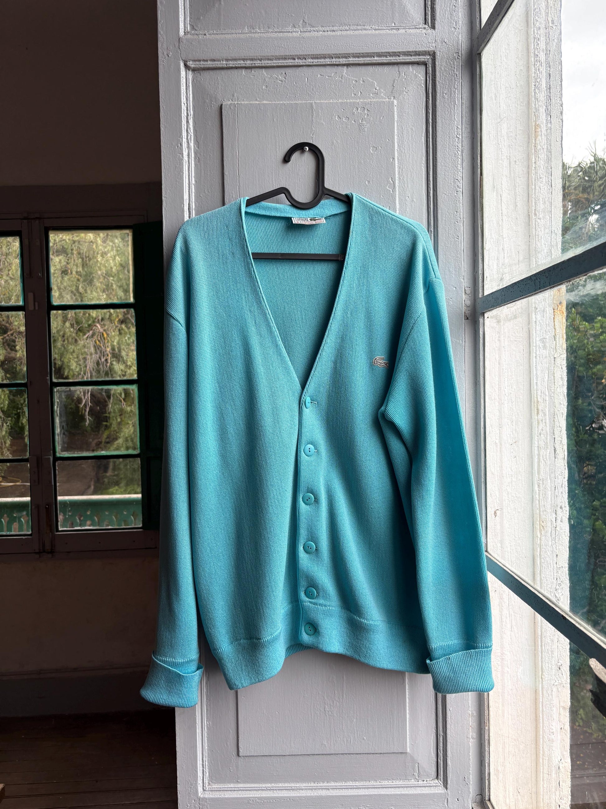 Vintage blue Chemise Lacoste Cardigan, Made In Spain, Grandpa Core Knit Sweater, True vintage Luxury vest, Unisex L XL