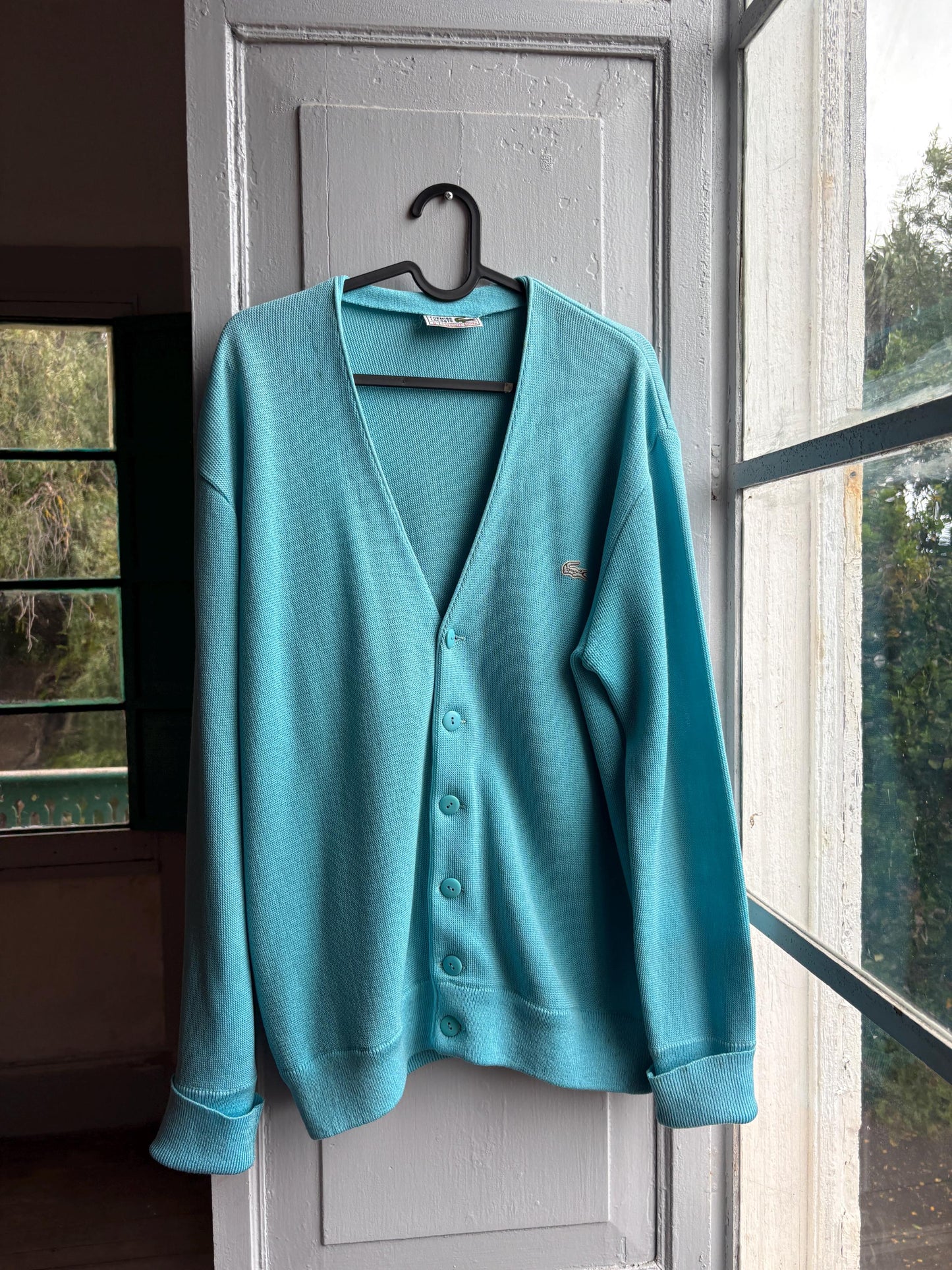 Vintage blue Chemise Lacoste Cardigan, Made In Spain, Grandpa Core Knit Sweater, True vintage Luxury vest, Unisex L XL