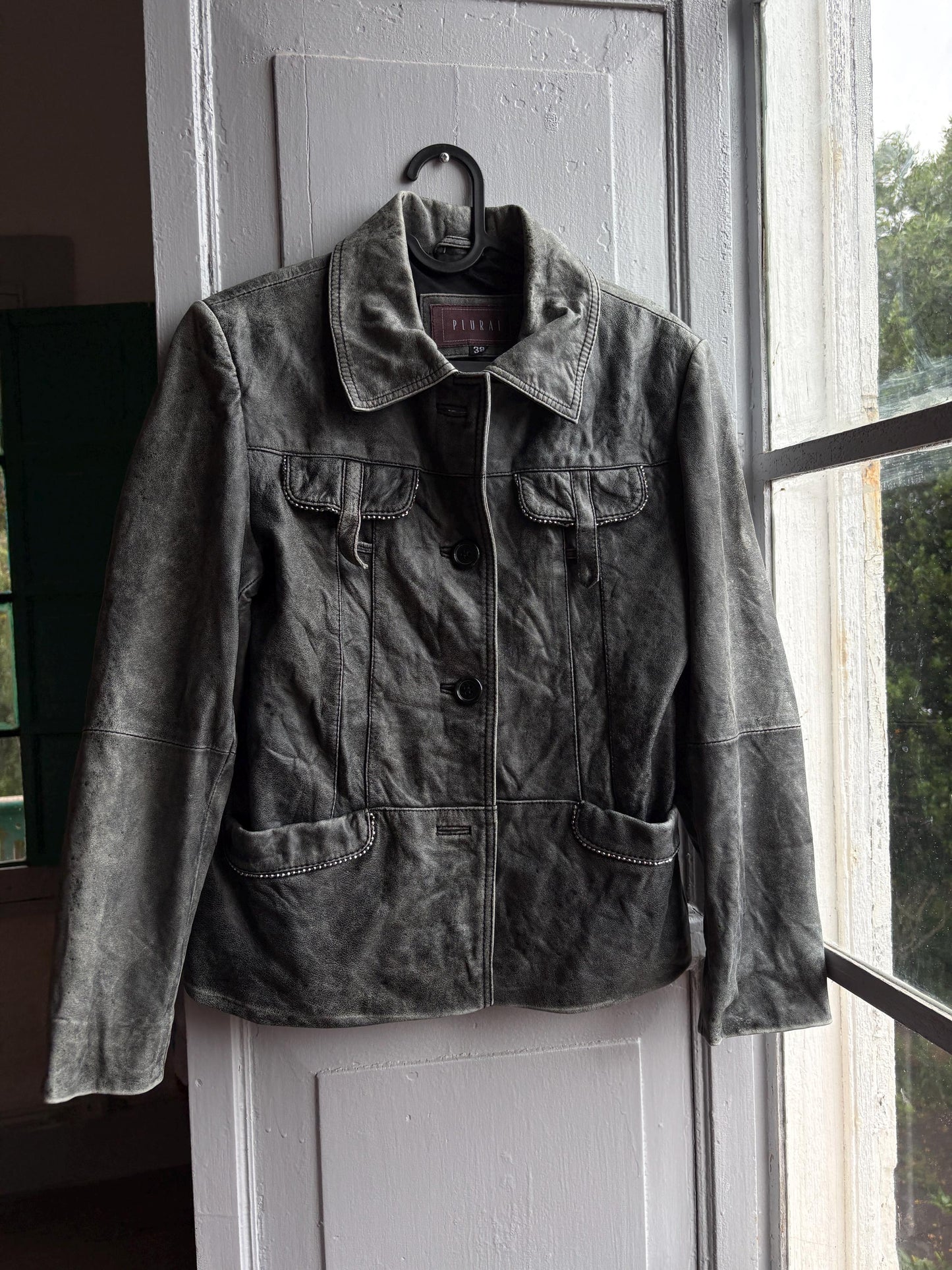 Grey Distressed Leather Biker Jacket for Women — detail