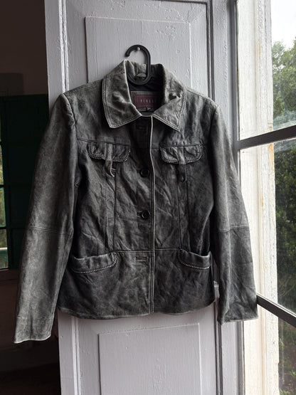 Grey Distressed Leather Biker Jacket for Women — detail