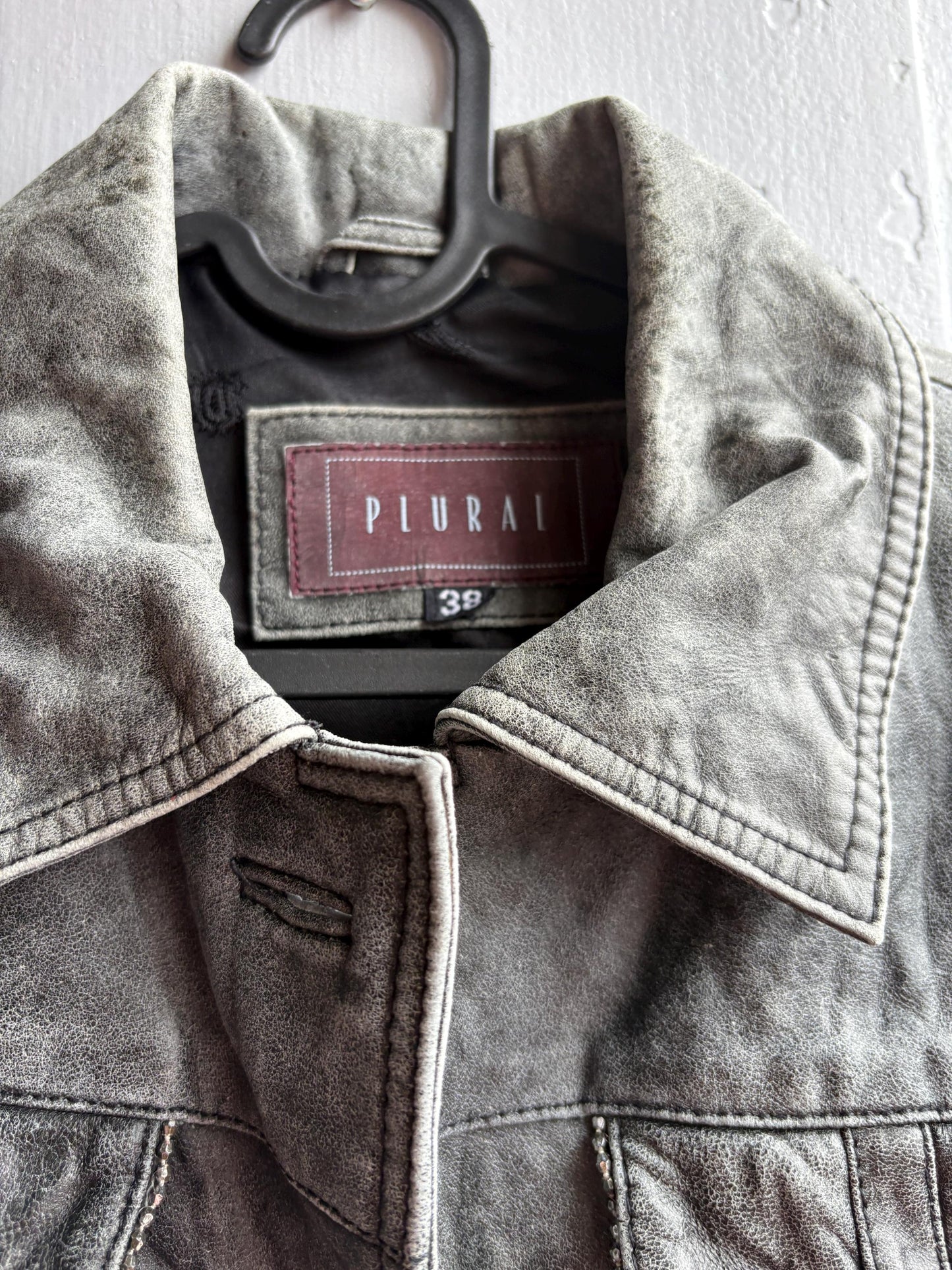 Grey Distressed Leather Biker Jacket for Women — additional view 14