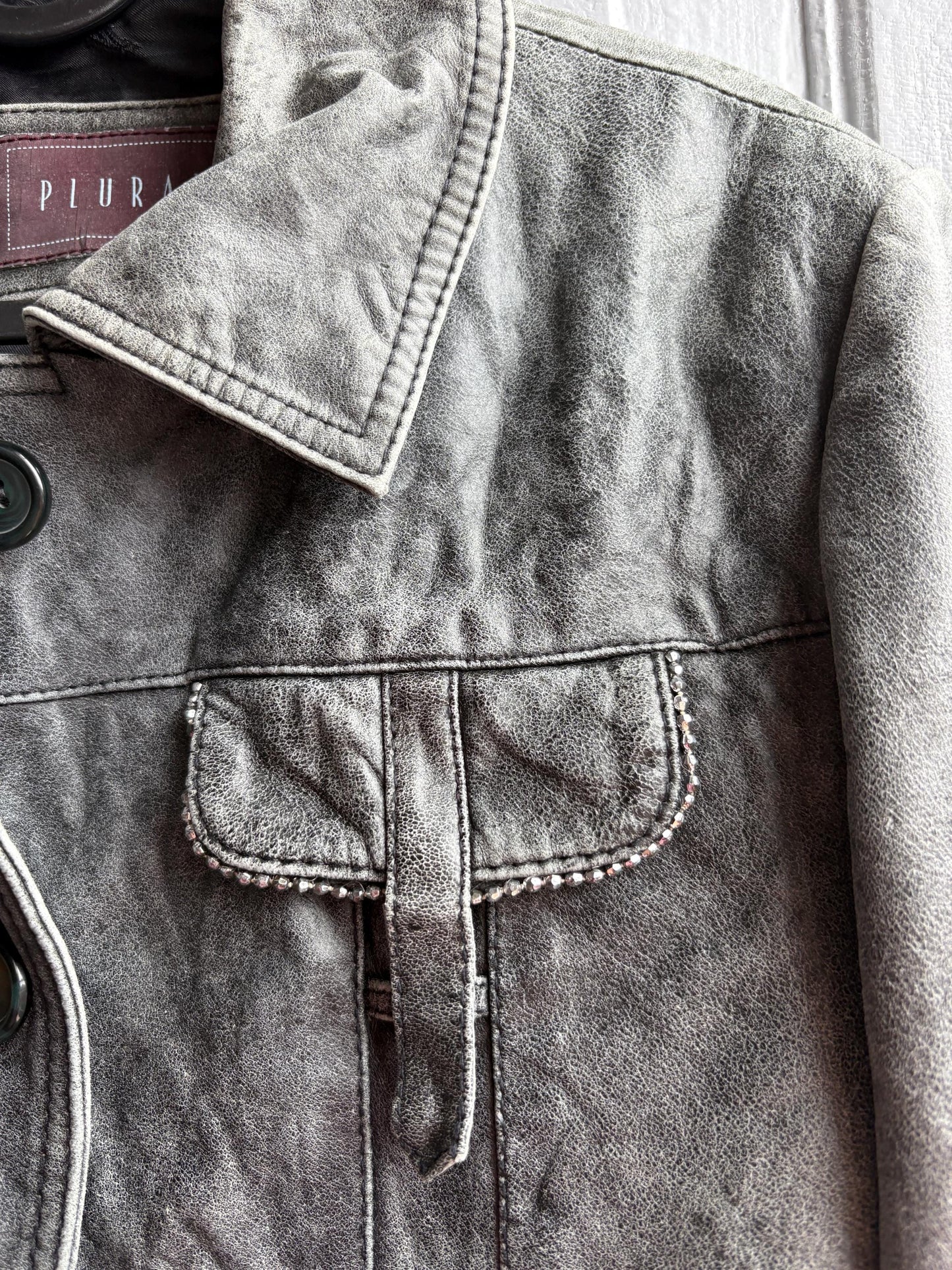 Grey Distressed Leather Biker Jacket for Women — additional view 6