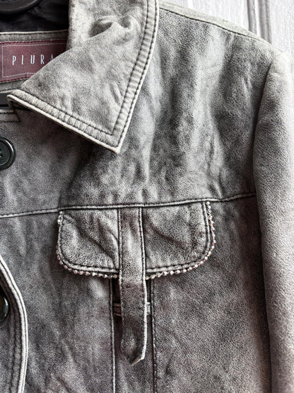 Grey Distressed Leather Biker Jacket for Women — additional view 6