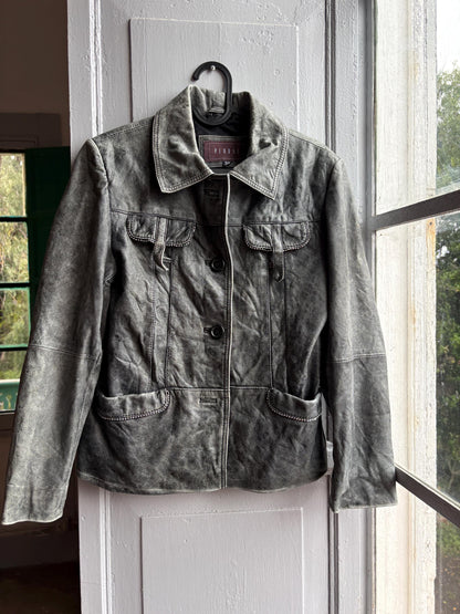Grey Distressed Leather Biker Jacket for Women — additional view 5